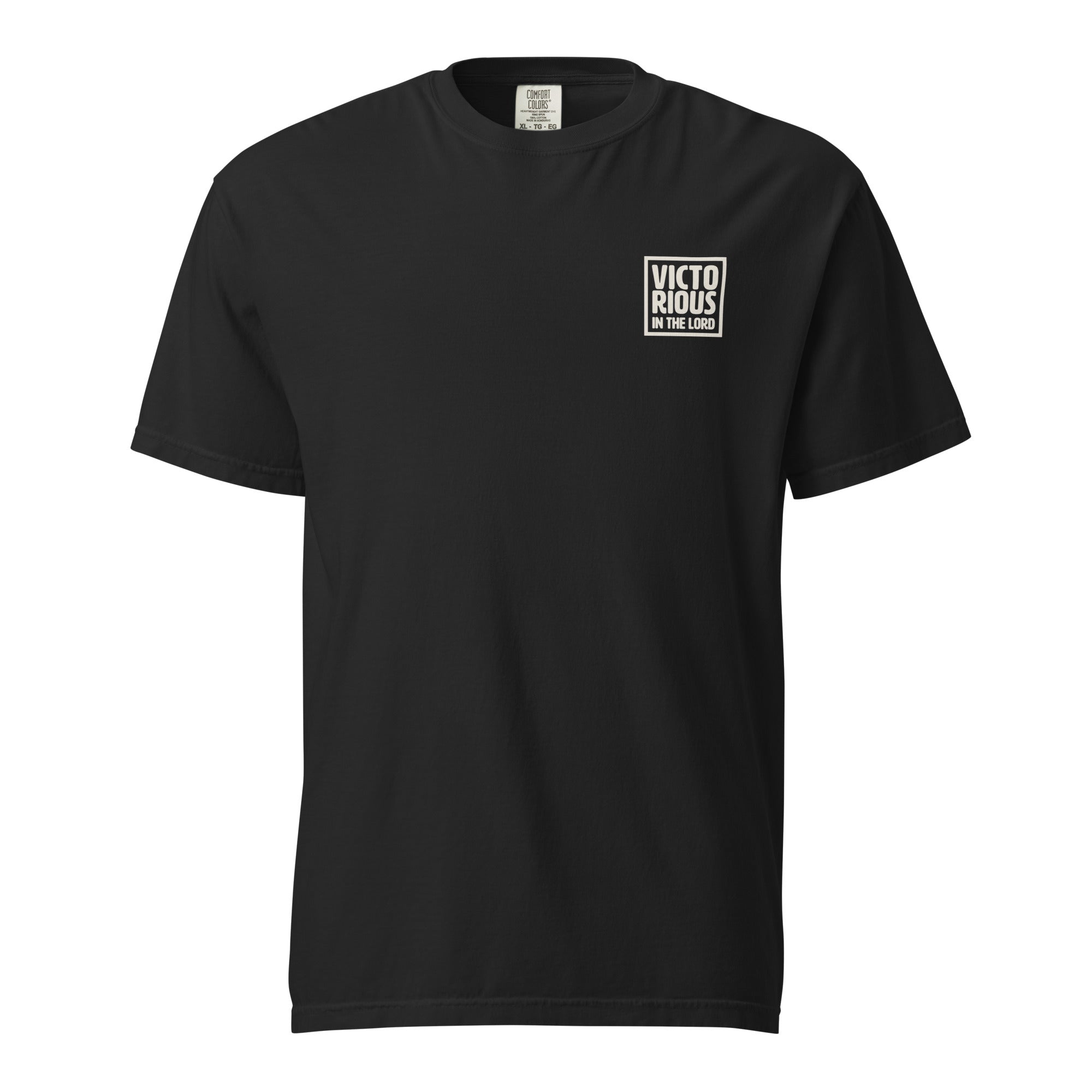 Image of Victorious christian graphic tee black front view — Entrusted to Him