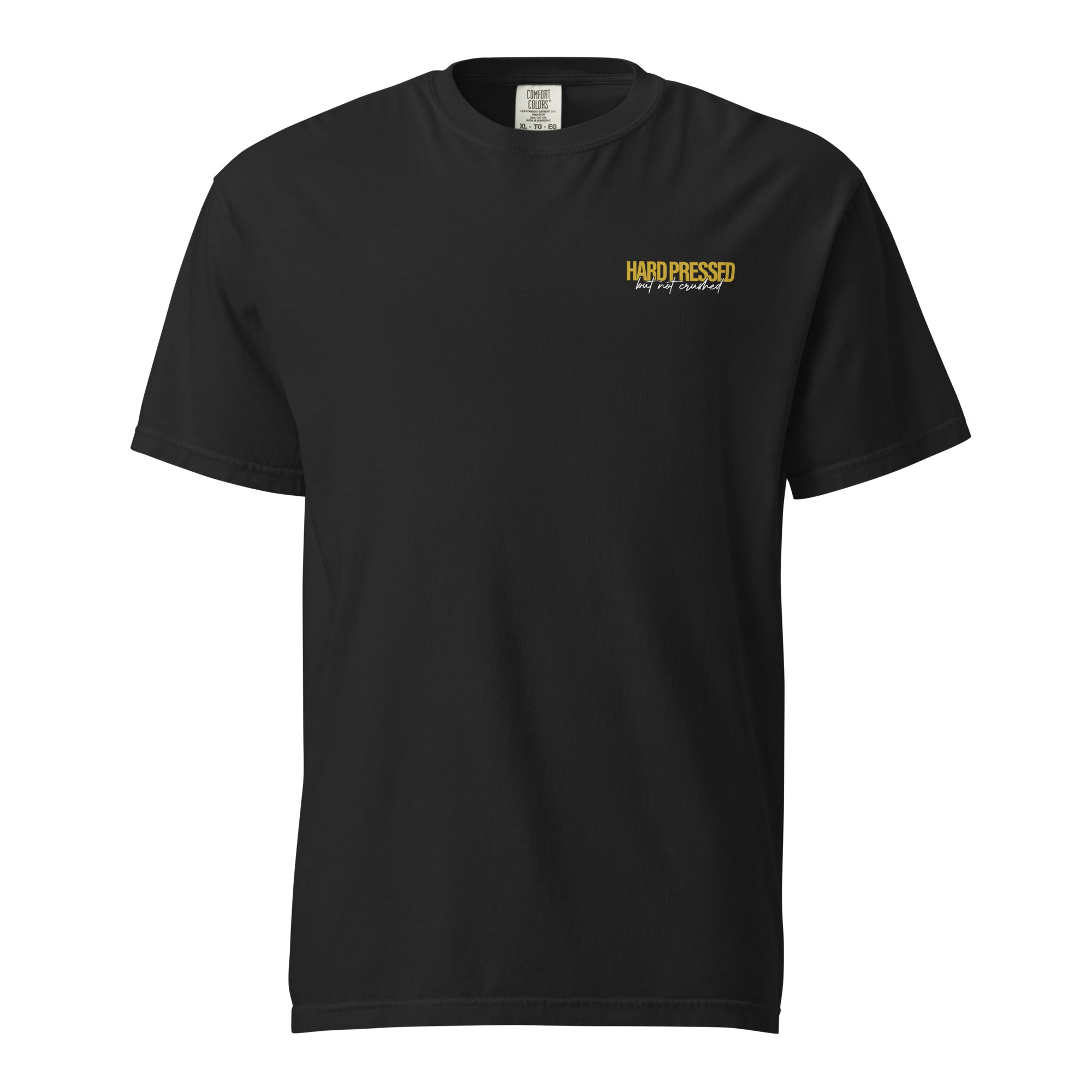 Image of Hard Pressed Christian t-shirt black front view — Entrusted to Him
