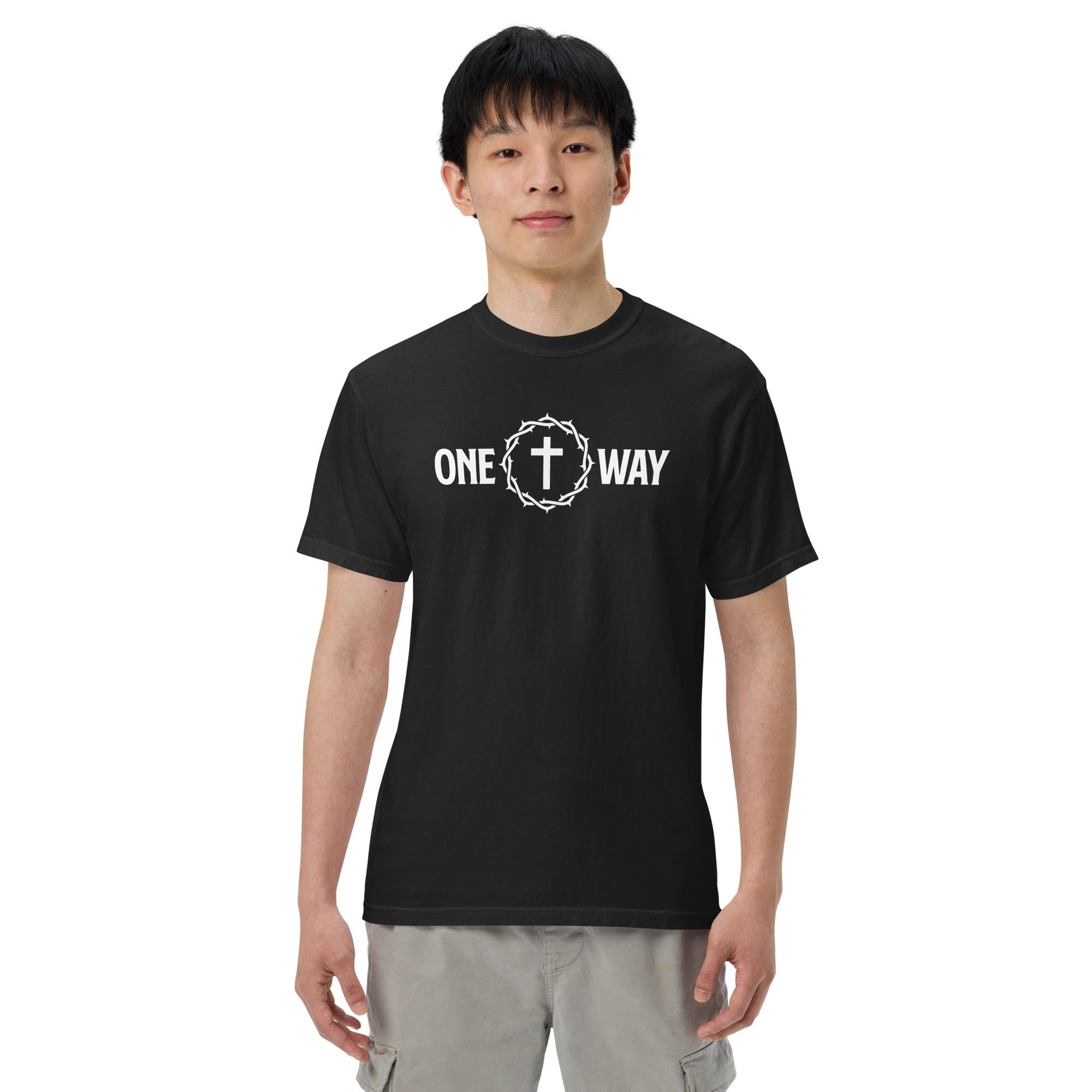 Image of One Way t-shirt Christian black front detail view — Entrusted to Him