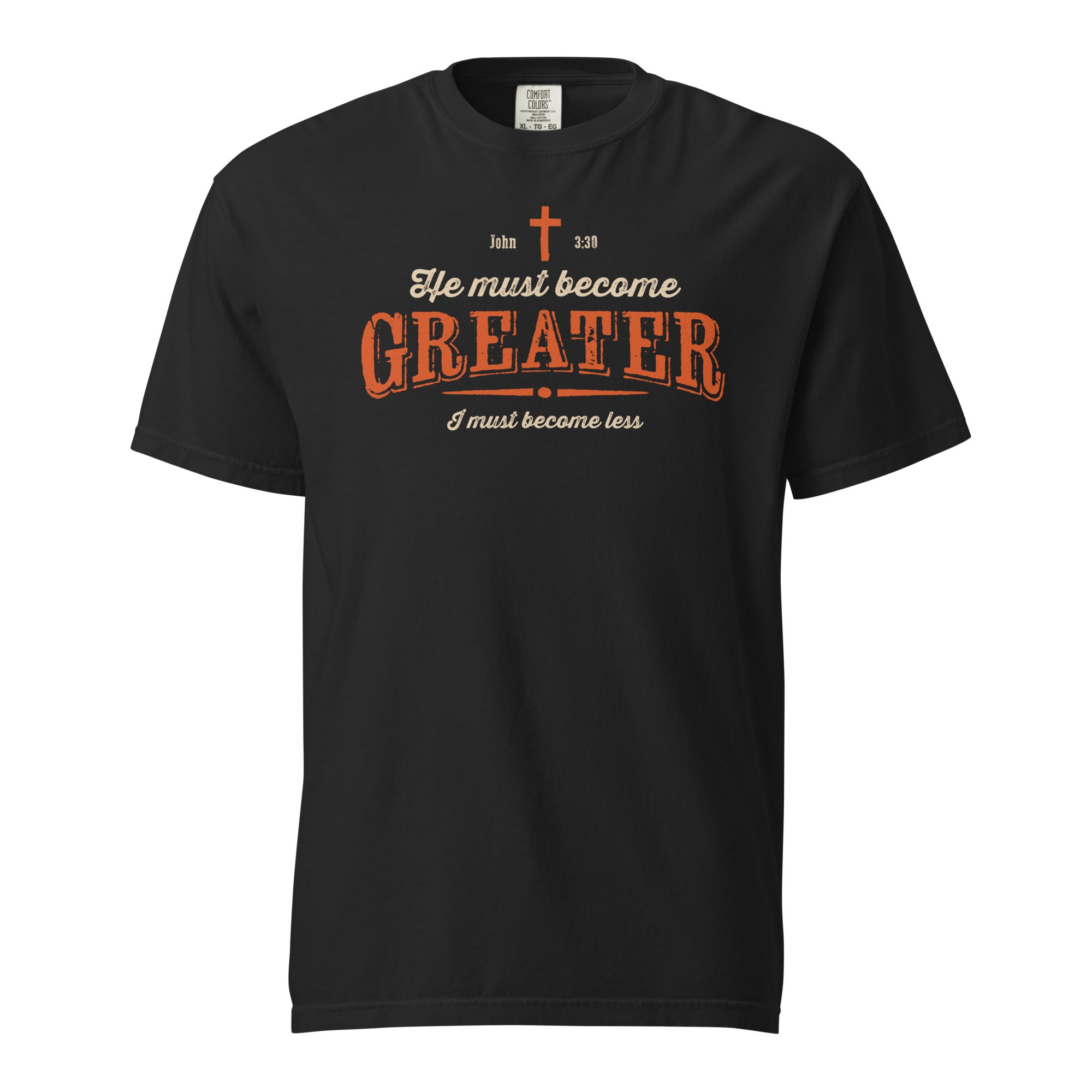 Image of He Must Become Greater Christian clothing black front view — Entrusted to Him