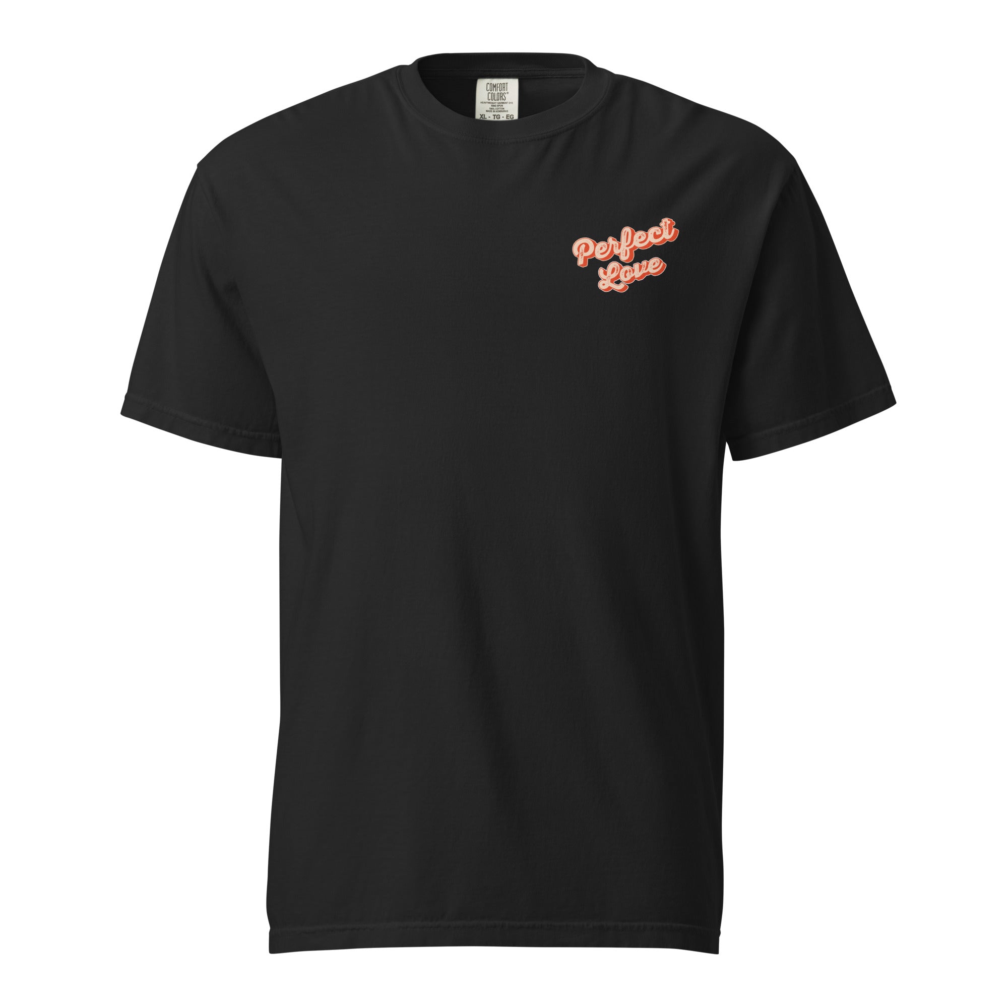 Image of Perfect Love Jesus shirt black front flat view — Entrusted to Him