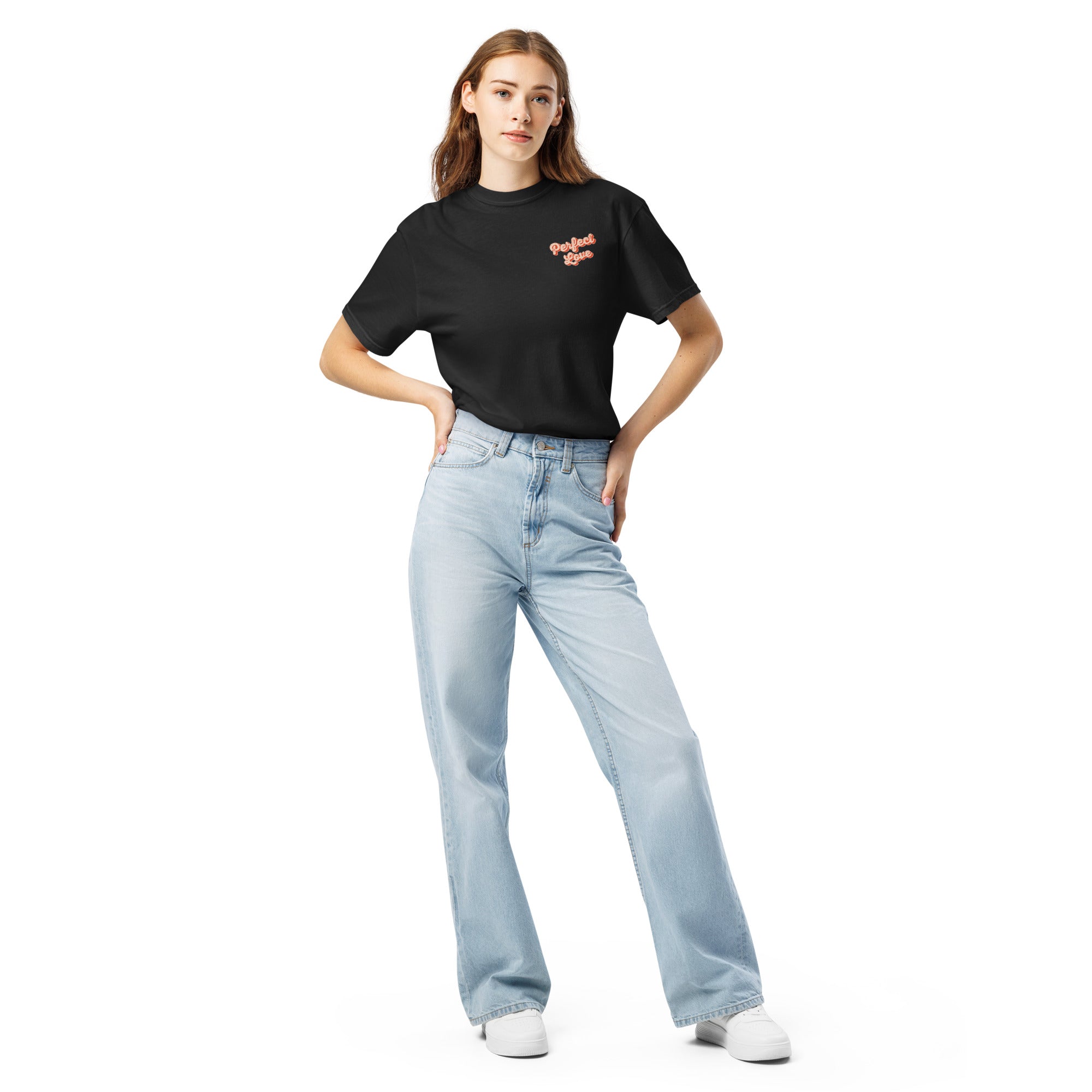 Image of Perfect Love Christian t-shirt black front on female model — Entrusted to Him