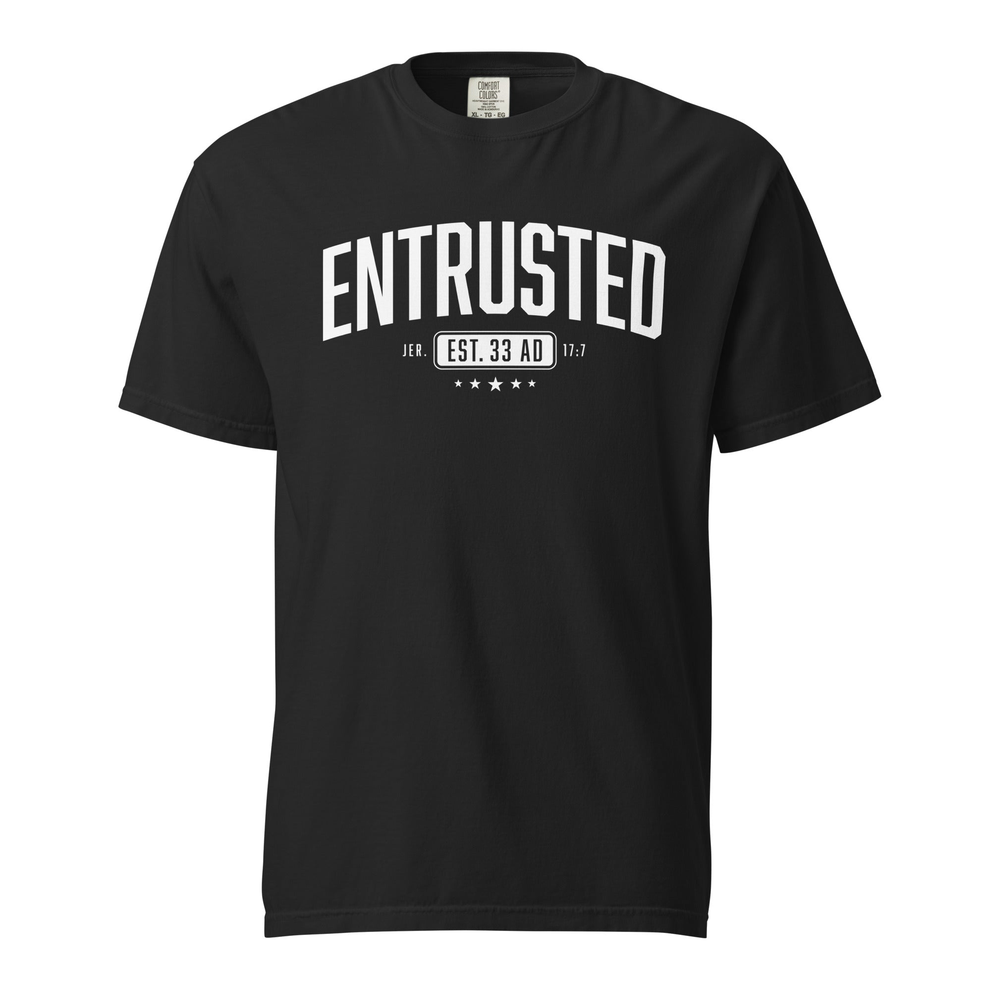 Image of Entrusted Est. 33AD Jesus shirt black front view — Entrusted to Him