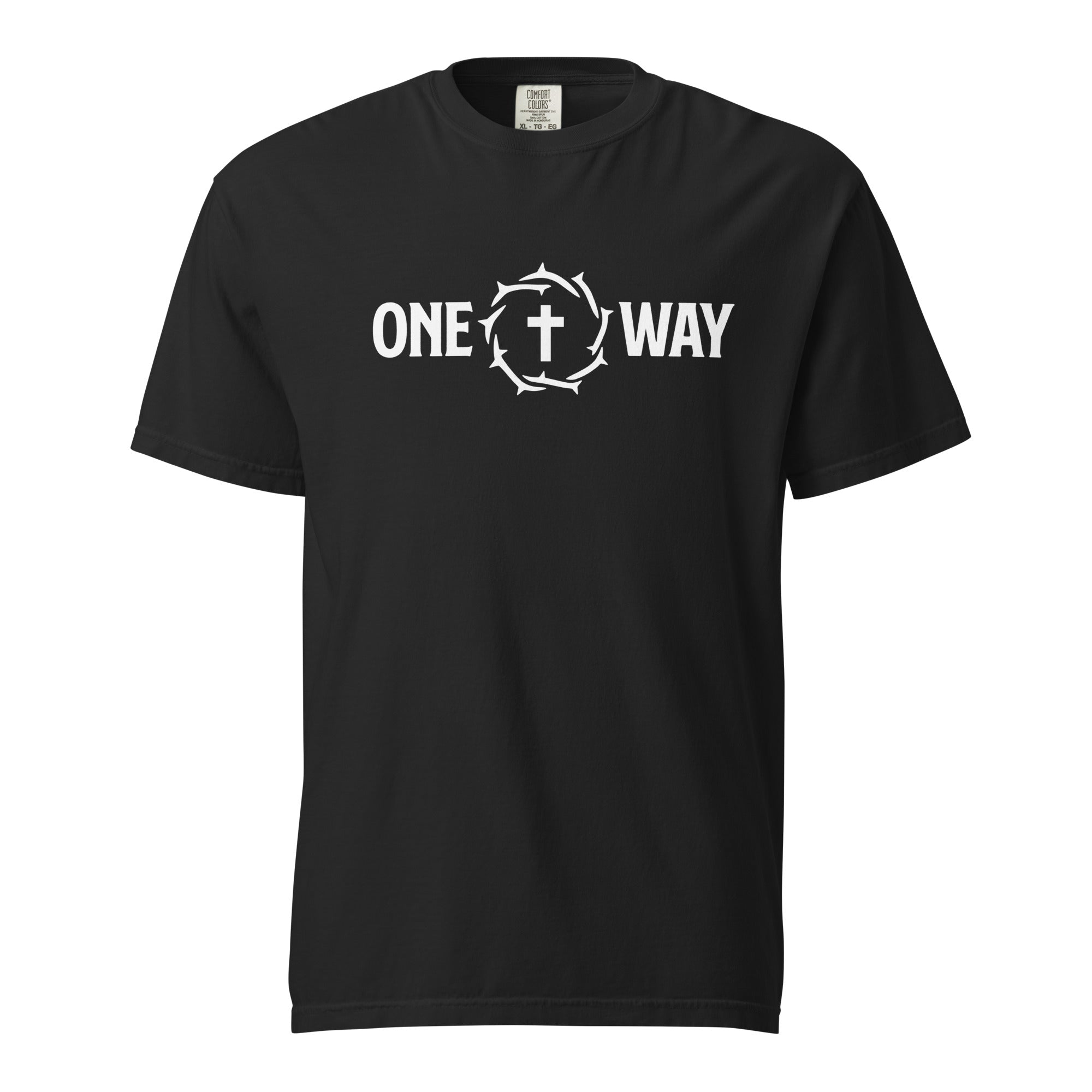 Image of One Way heavyweight t-shirt in black with cross and crown of thorns design, front view
