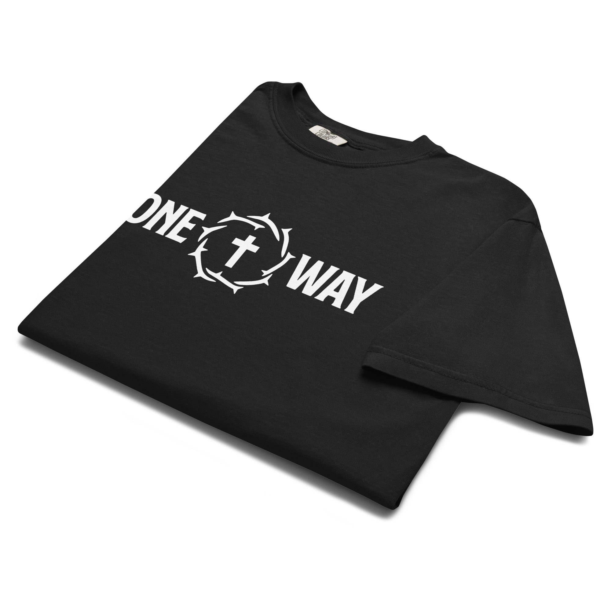 Image of Folded One Way heavyweight t-shirt in black showing the cross and crown of thorns design