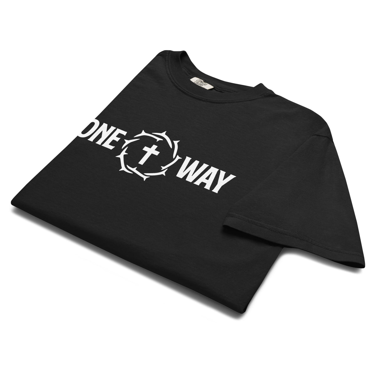 Folded One Way heavyweight t-shirt in black showing the cross and crown of thorns design
