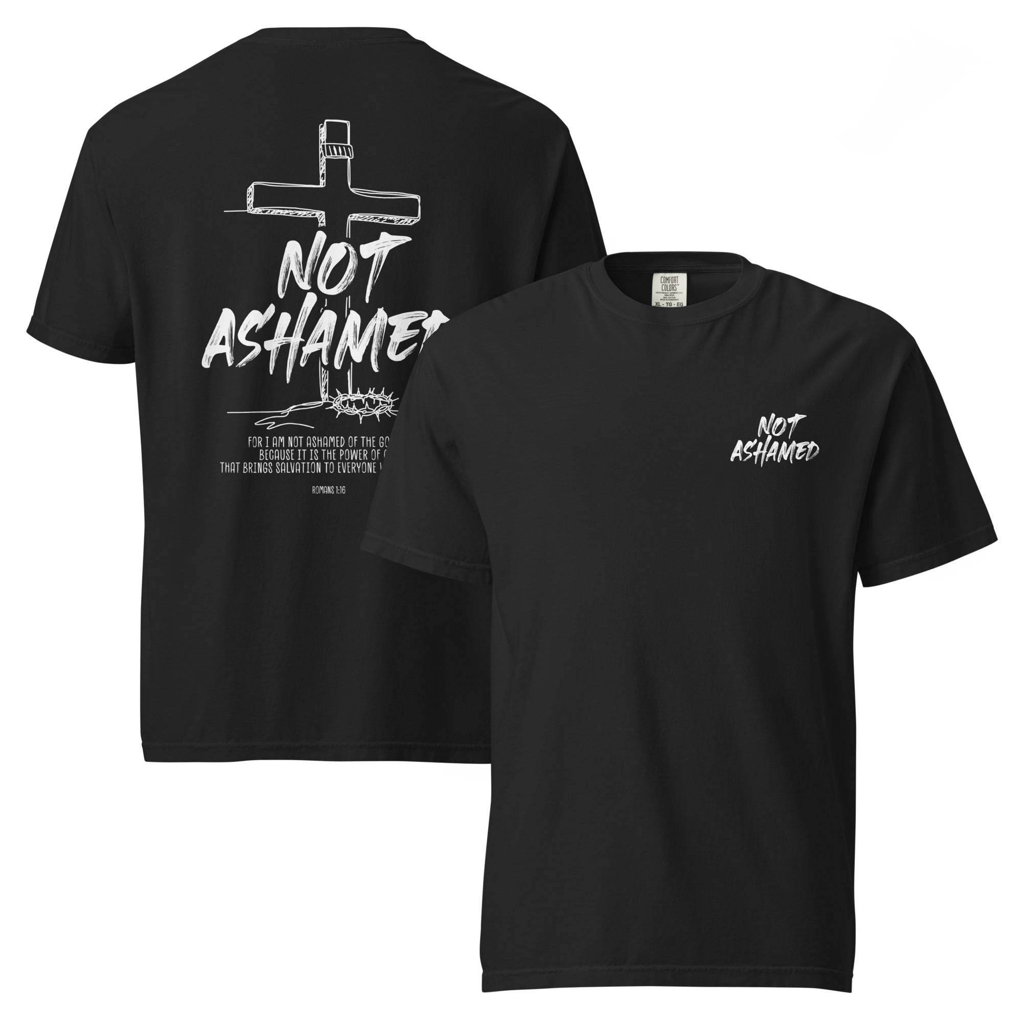 Image of Not Ashamed Jesus shirt black front and back view — Entrusted to Him