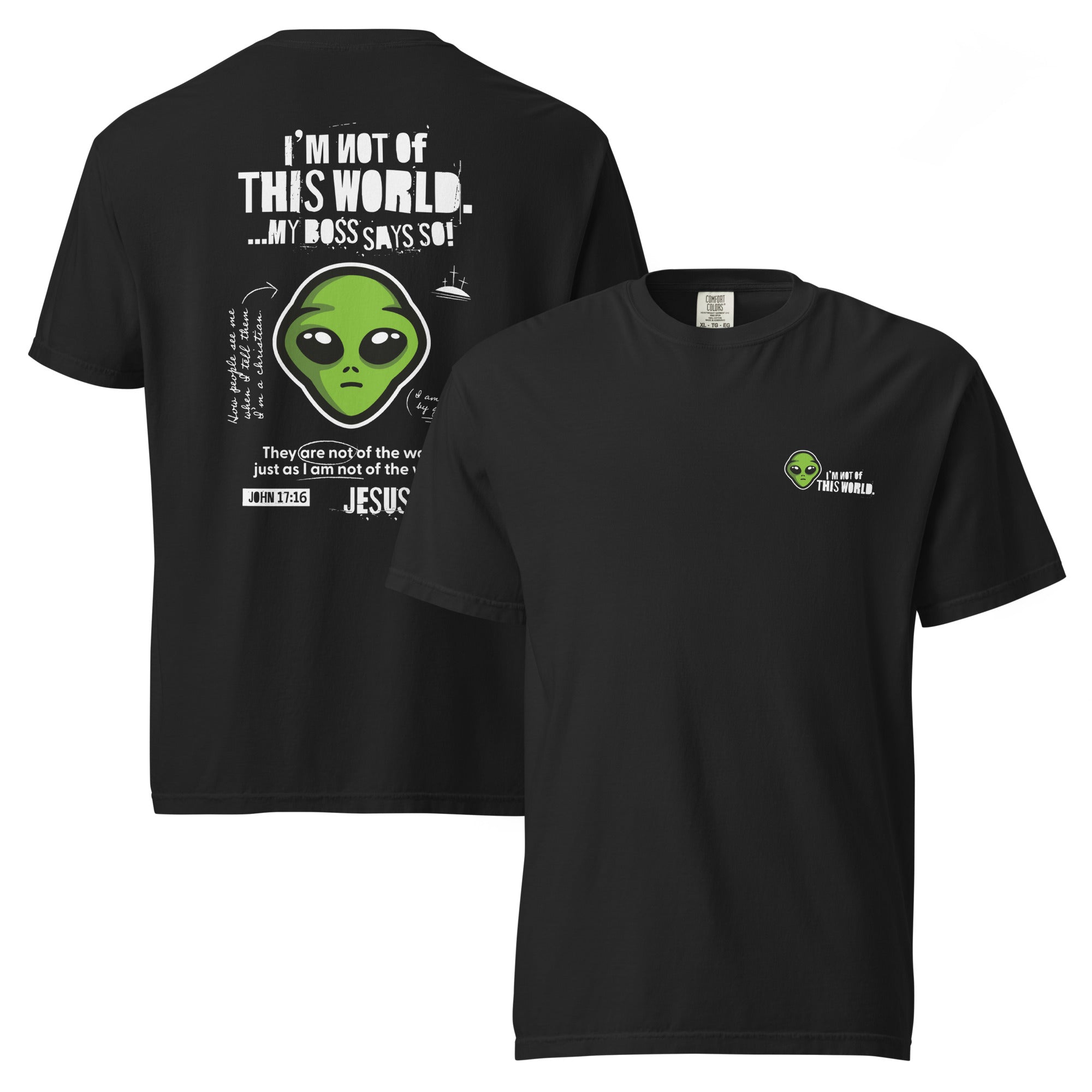 Image of Not From This World scripture t-shirt black front and back view — Entrusted to Him