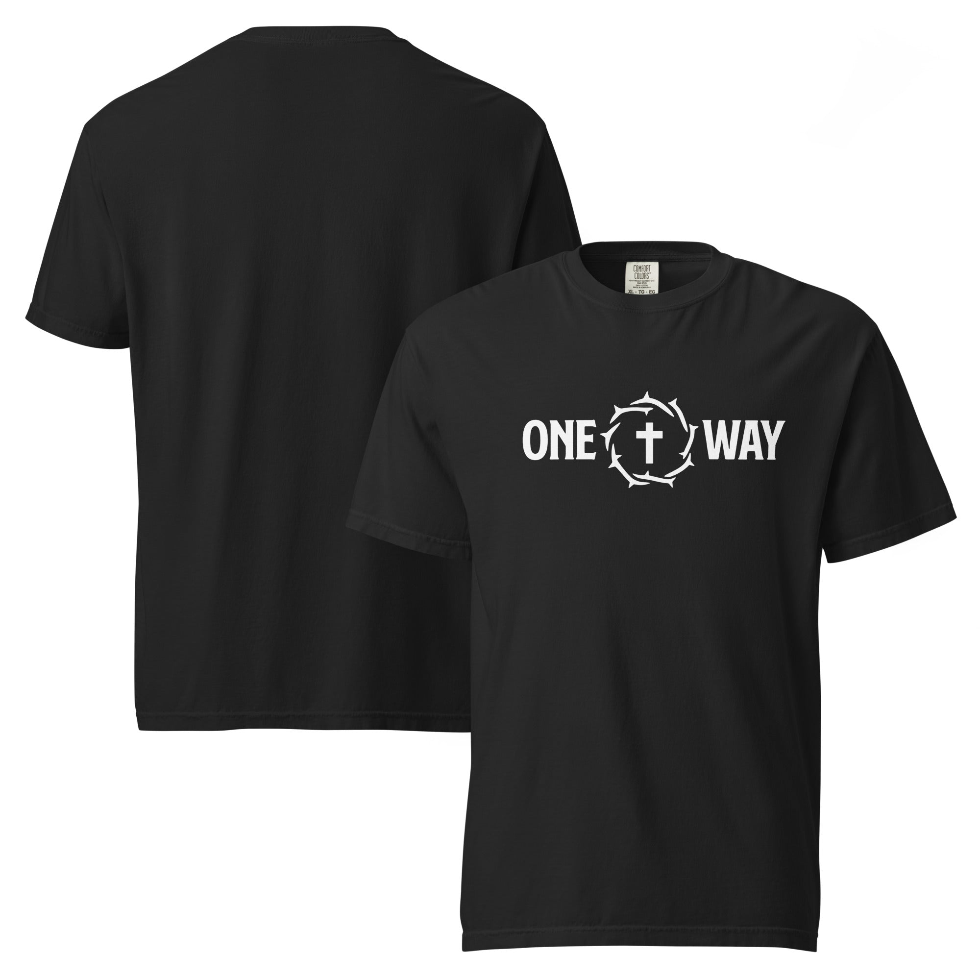 Image of One Way heavyweight t-shirt in black, front and back views side by side, with cross and crown of thorns design