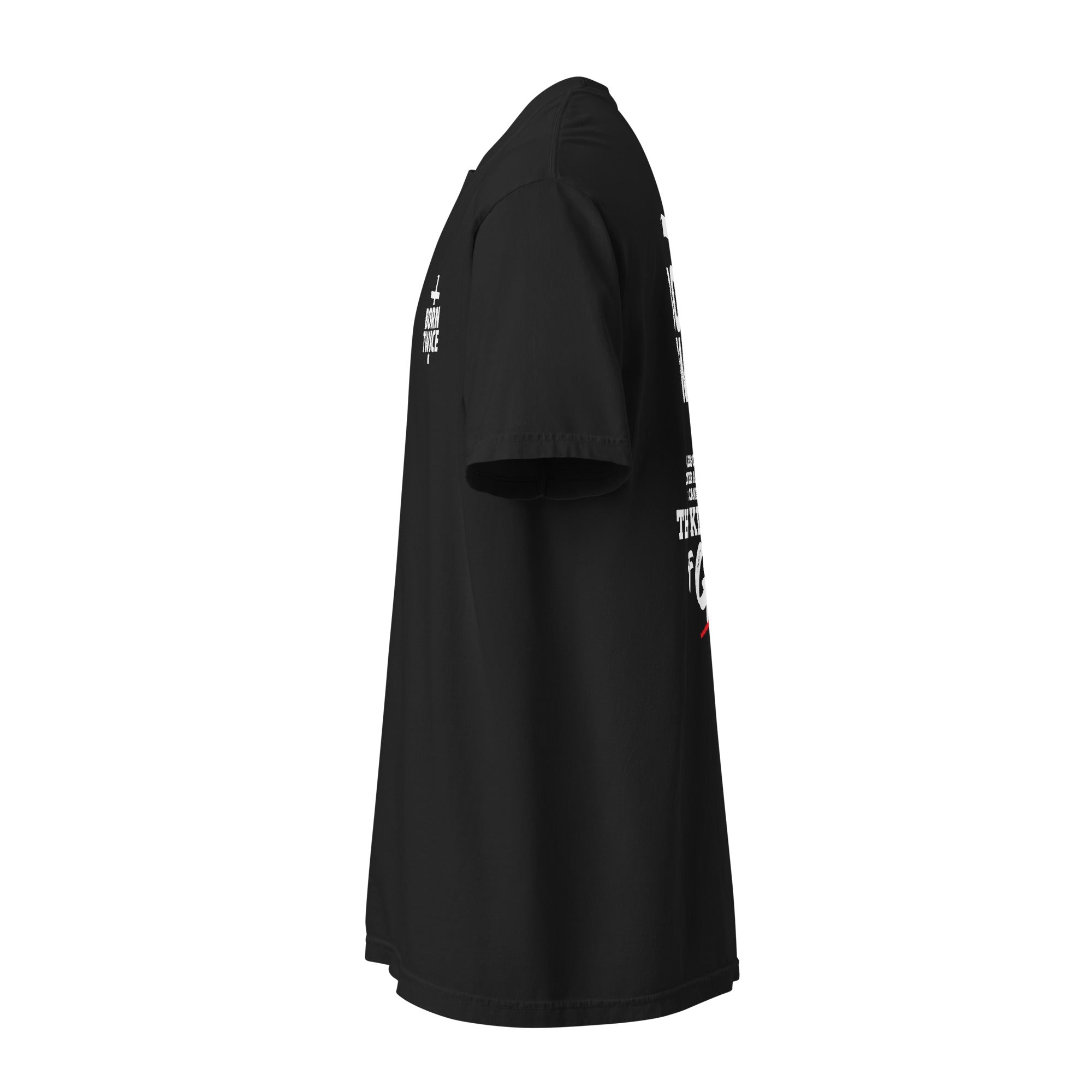Image of Born Twice scripture t-shirt black left side view — Entrusted to Him