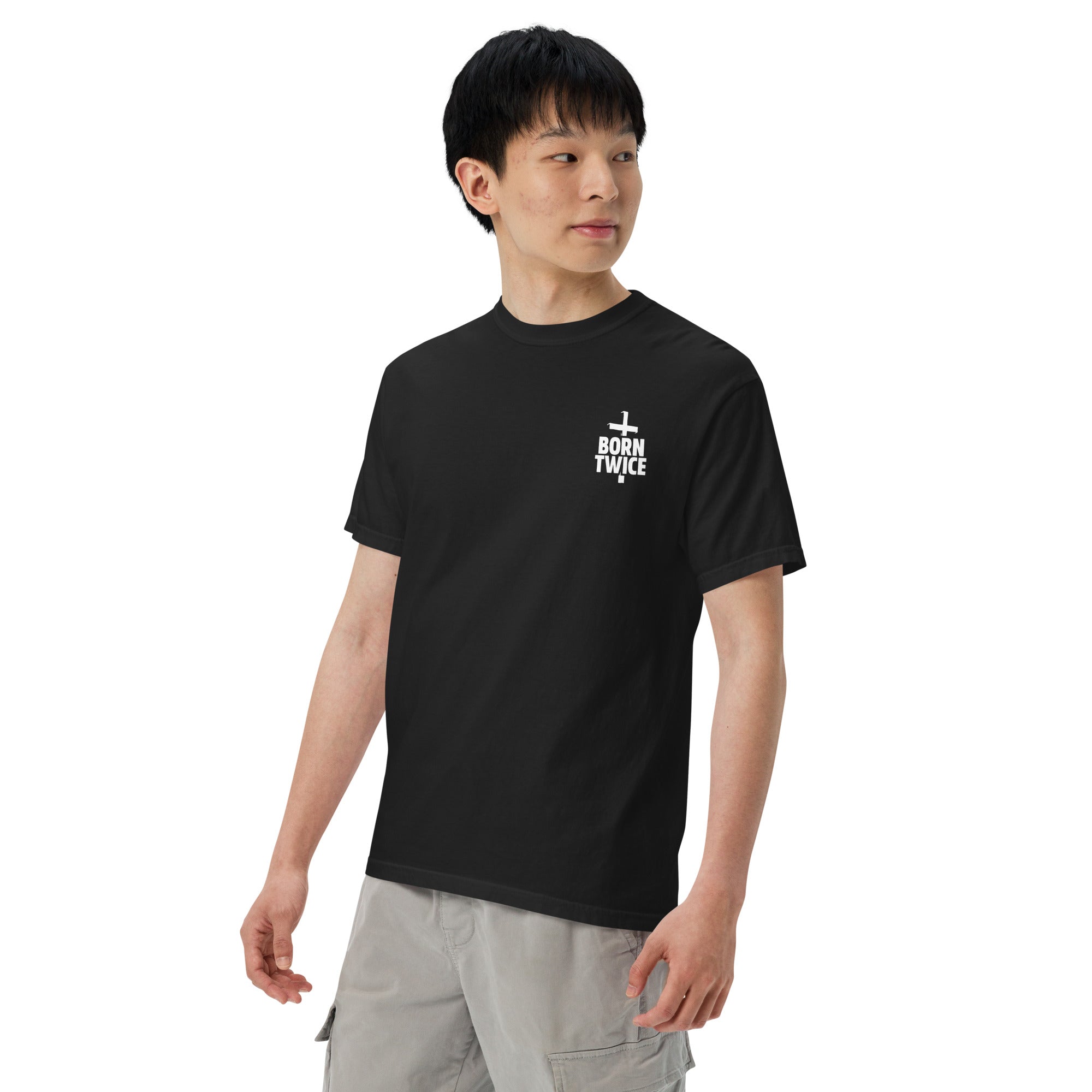 Image of Born Twice Jesus shirt black left front alternate view — Entrusted to Him