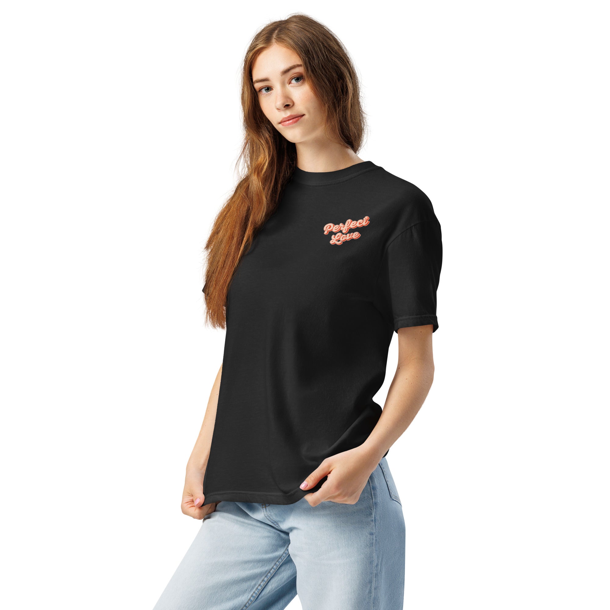 Image of Perfect Love 1 John 4:18 Jesus shirt black front on male model — Entrusted to Him