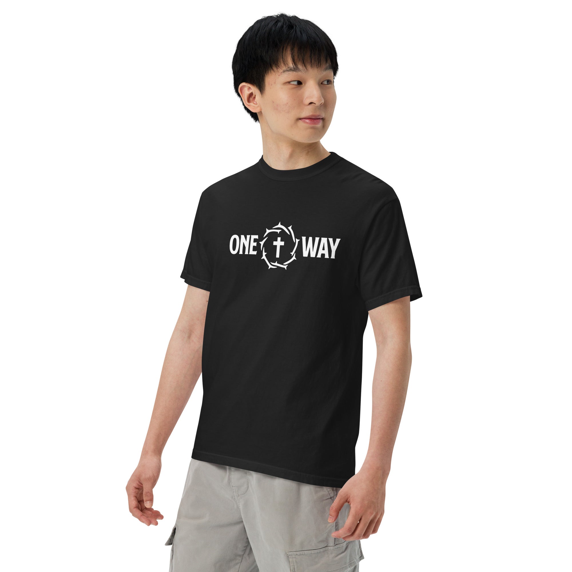 Image of Man wearing the One Way heavyweight t-shirt in black with cross and crown of thorns design
