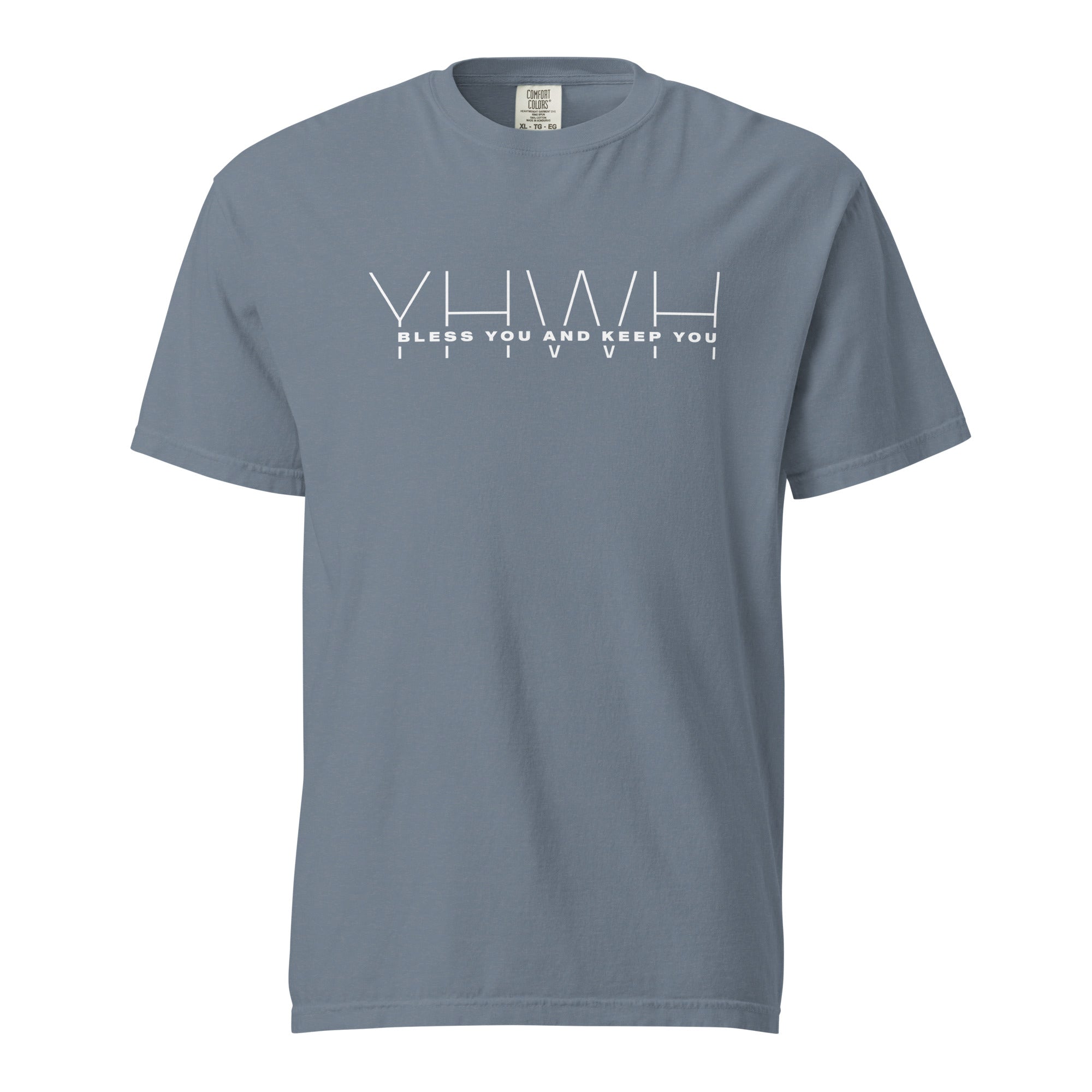 Image of YHWH Jesus t-shirt Christian graphic tee blue jean front view — Entrusted to Him