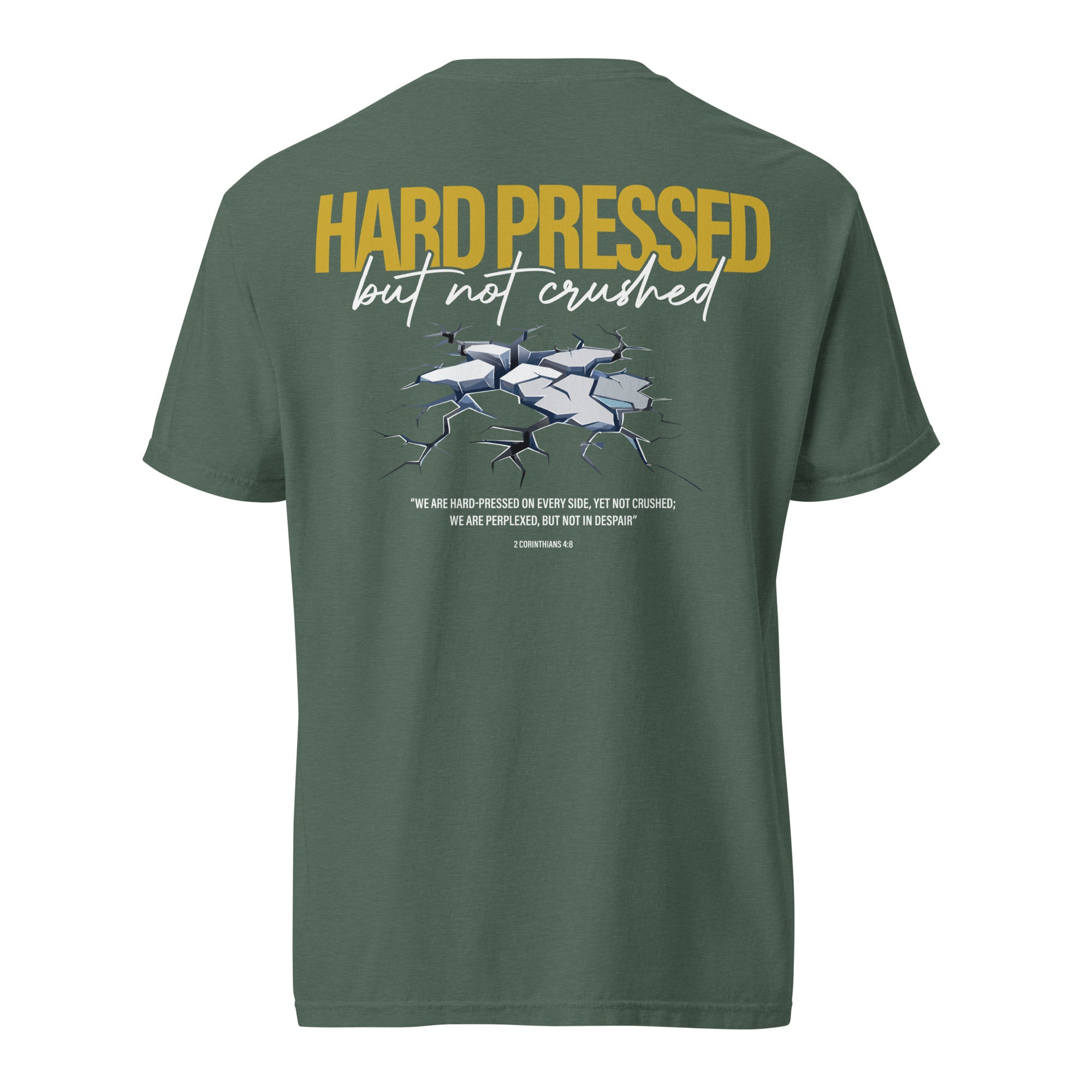 Image of Hard Pressed scripture t-shirt blue spruce back view — Entrusted to Him