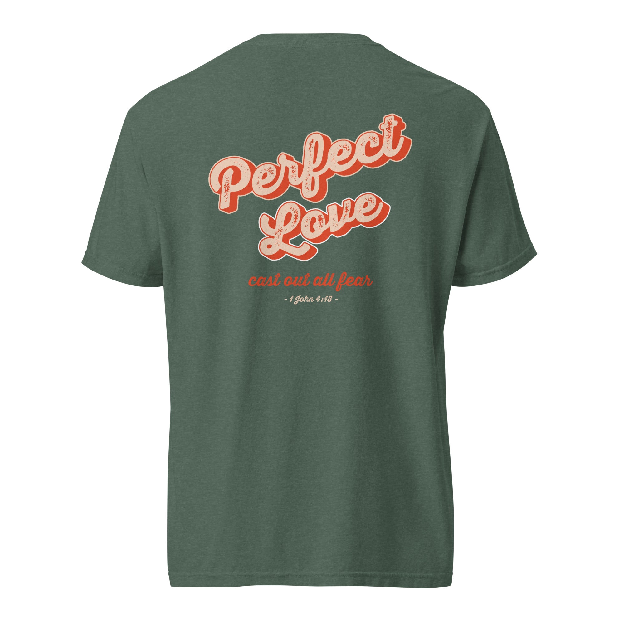 Image of Perfect Love Jesus shirt blue spruce back flat view — Entrusted to Him