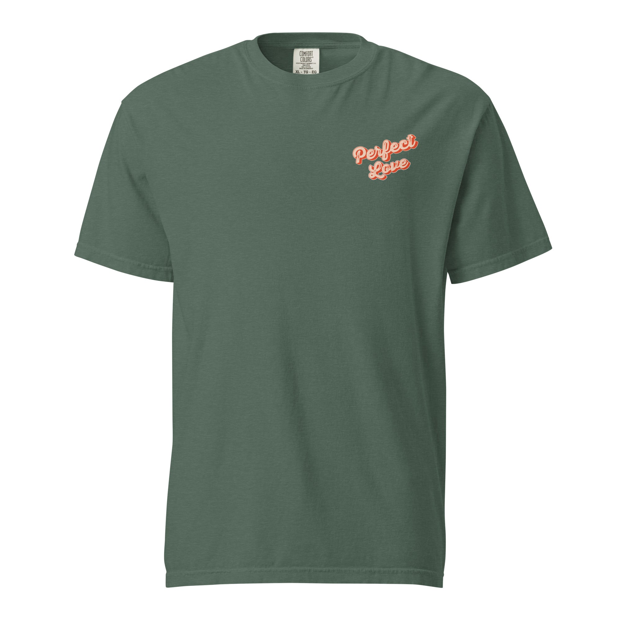 Image of Perfect Love Christian t-shirt blue spruce front alternate view — Entrusted to Him