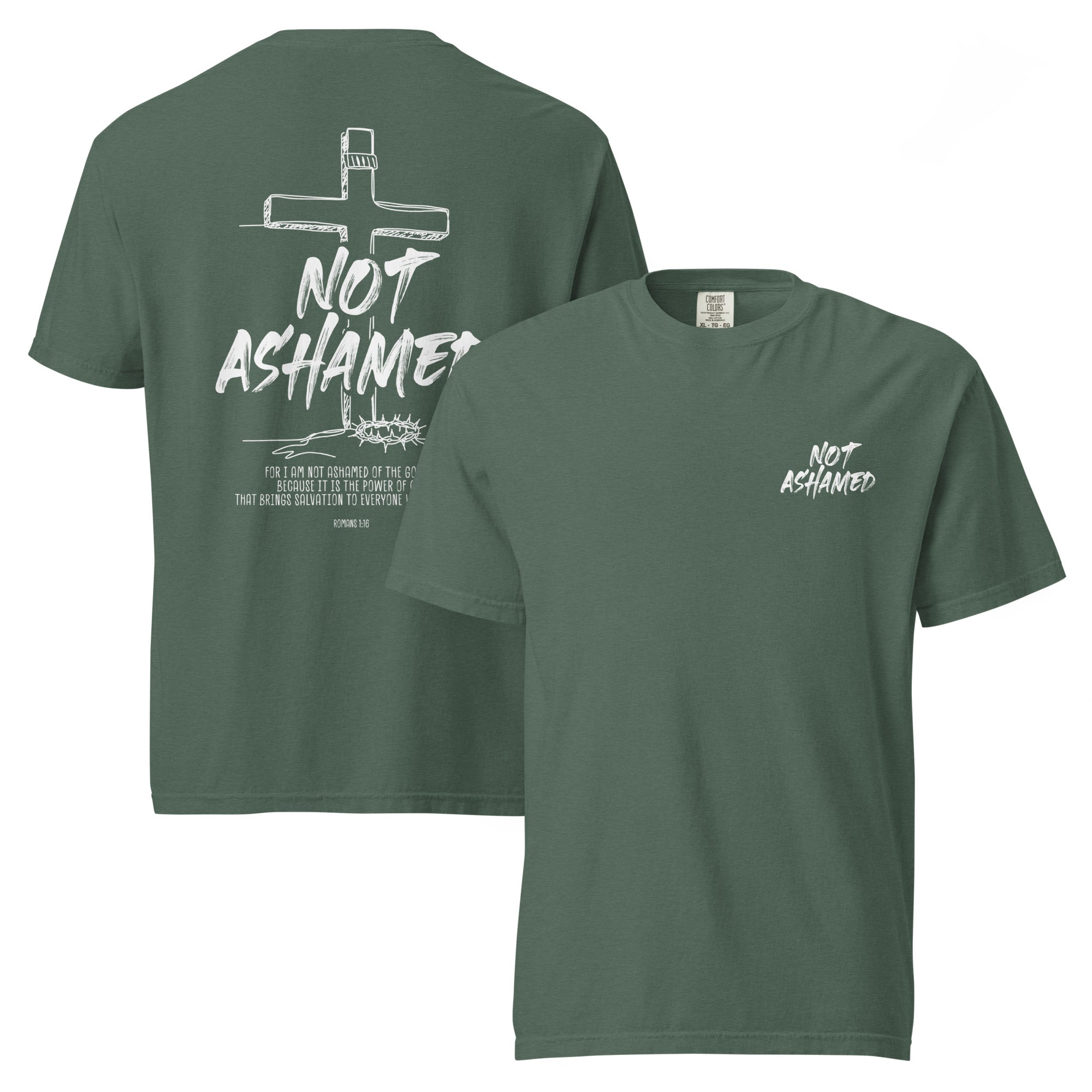 Image of Not Ashamed Jesus shirt blue spruce front and back view — Entrusted to Him