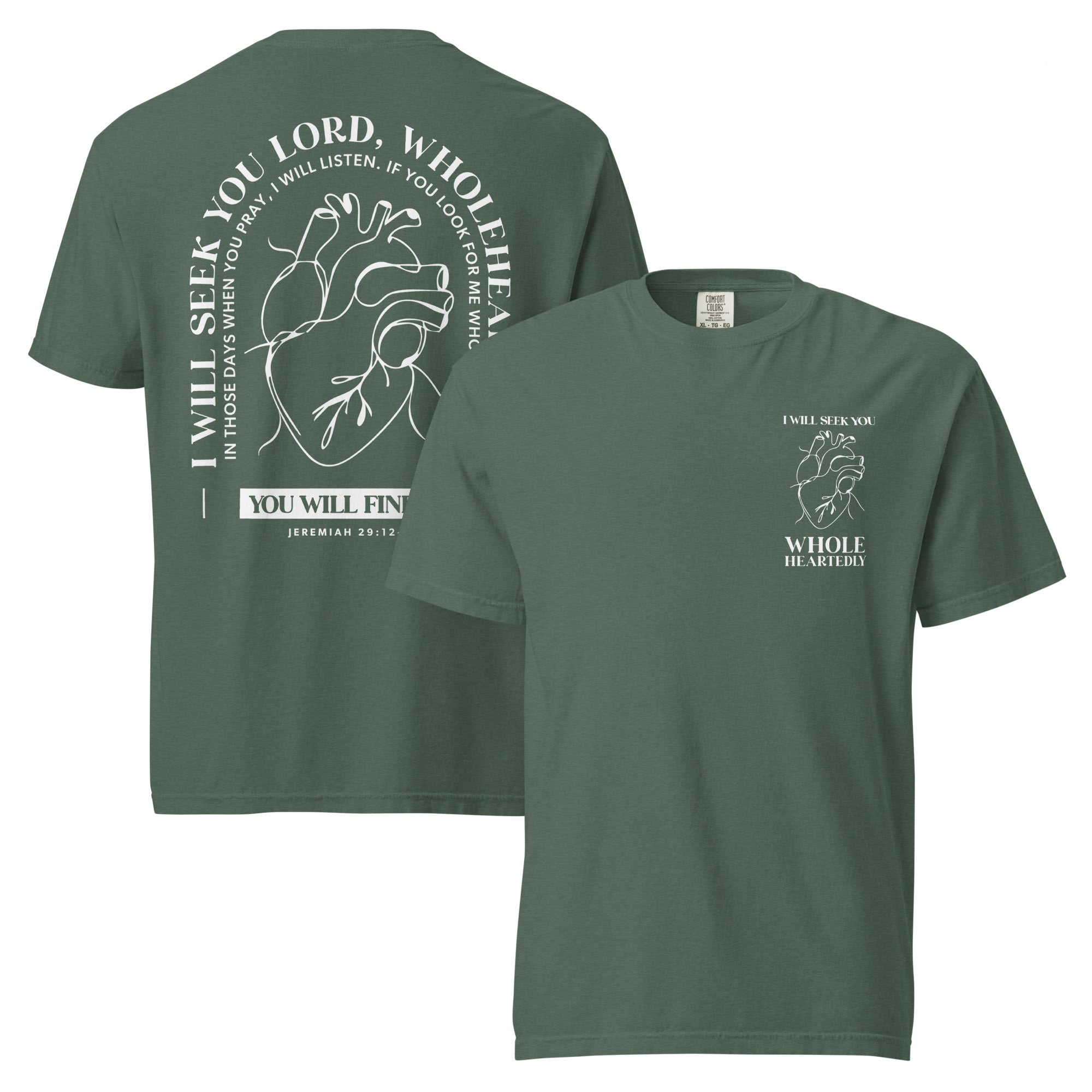 Image of Wholeheartedly Christian t-shirt blue spruce front and back view — Entrusted to Him