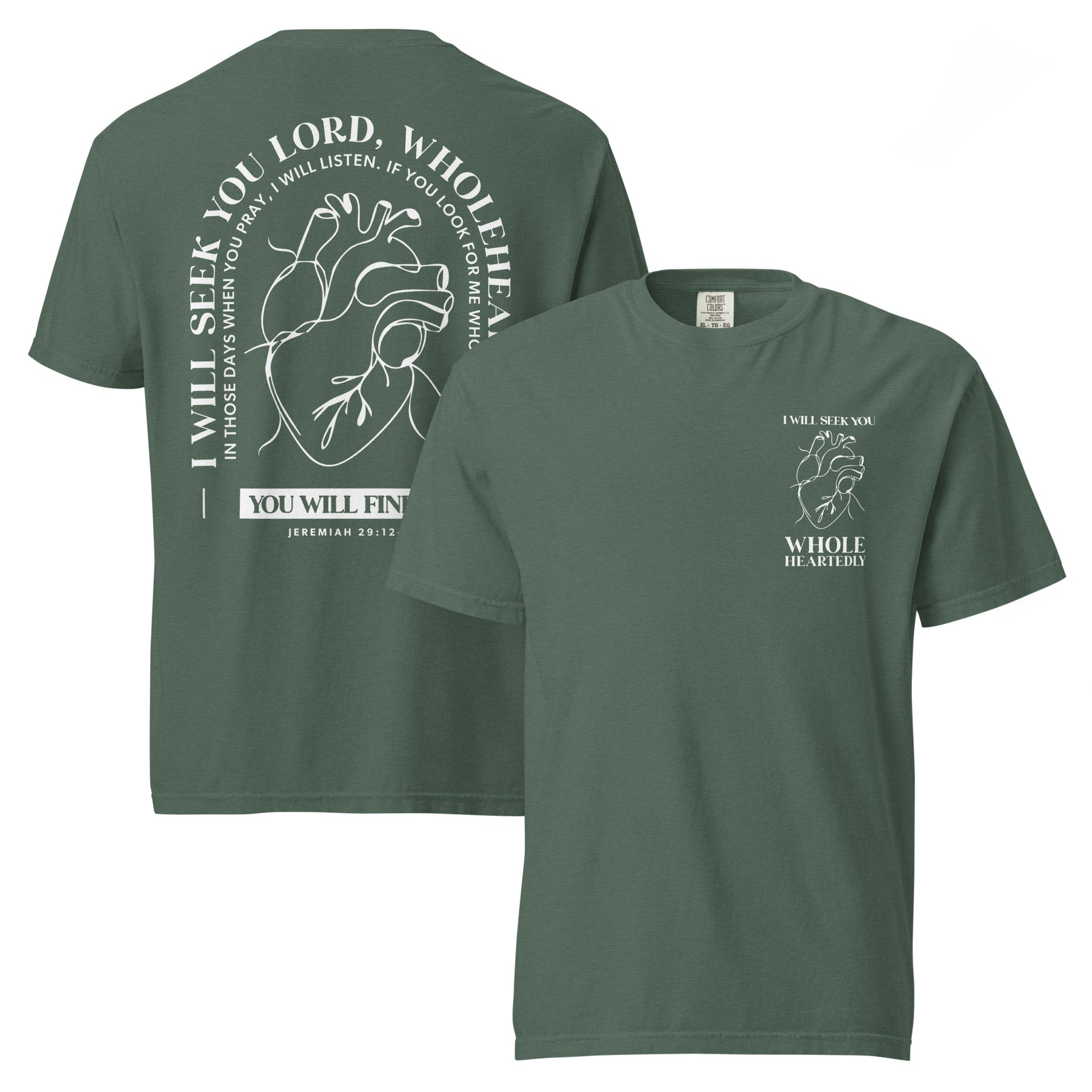 Wholeheartedly Christian t-shirt blue spruce front and back view — Entrusted to Him