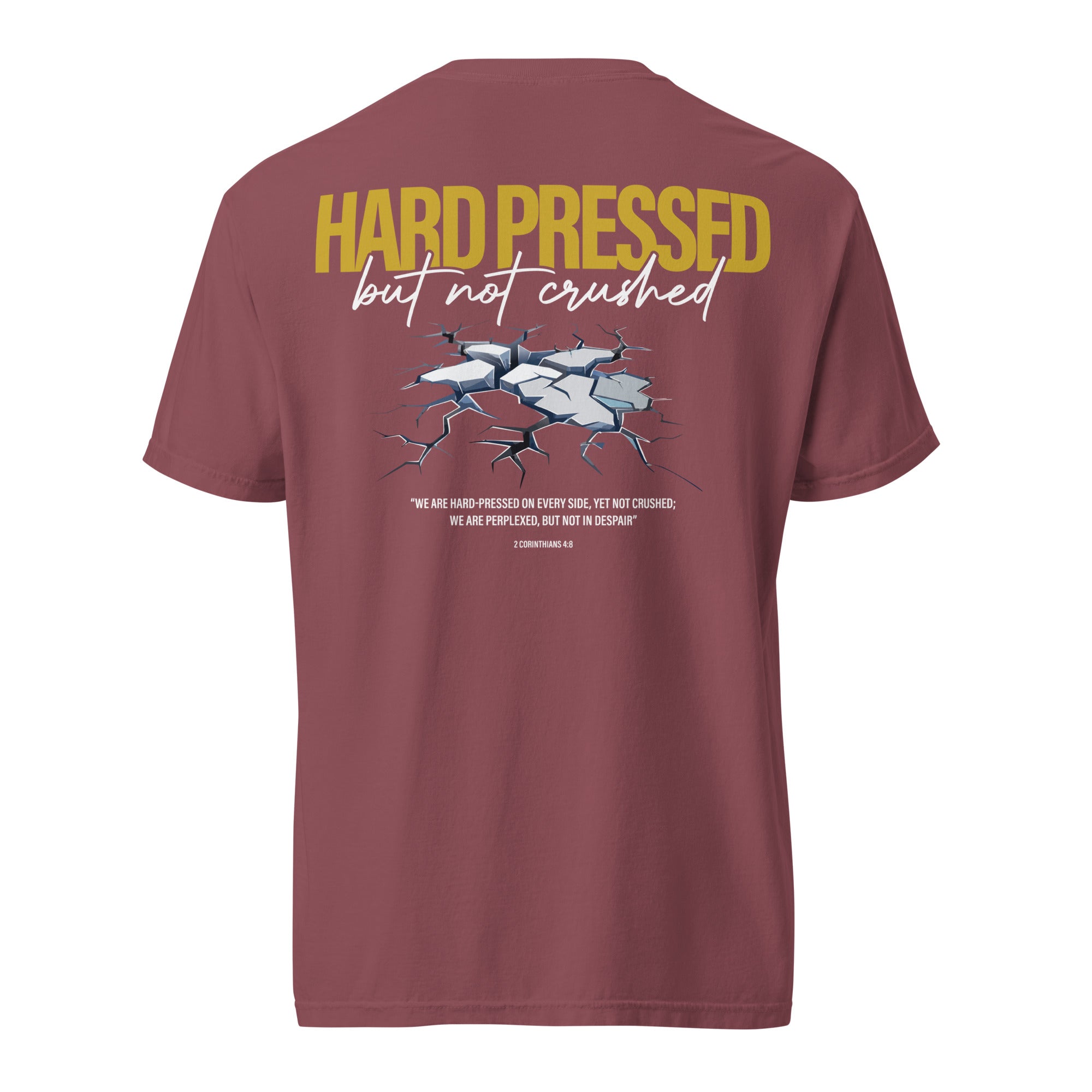 Image of Hard Pressed scripture t-shirt brick back view — Entrusted to Him
