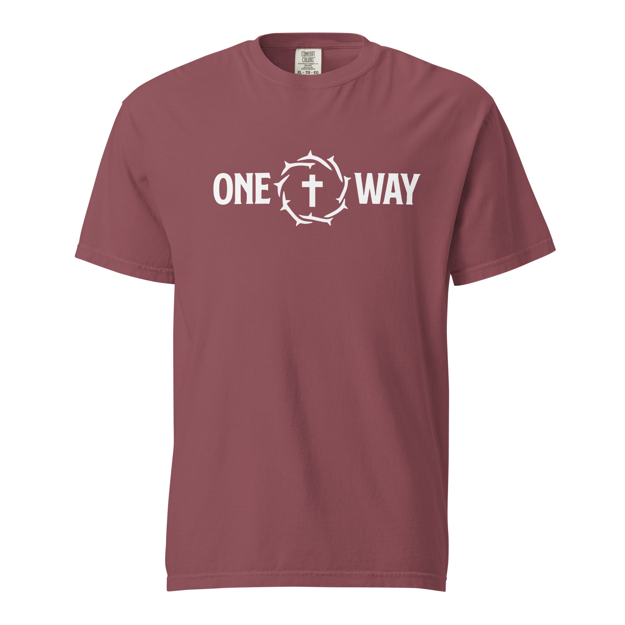 Image of One Way heavyweight t-shirt in brick with cross and crown of thorns design, front view