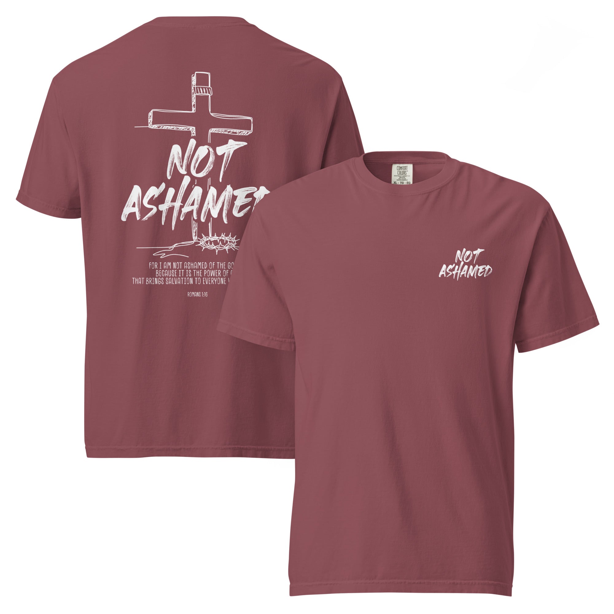Image of Not Ashamed Bible verse shirt brick front and back view — Entrusted to Him
