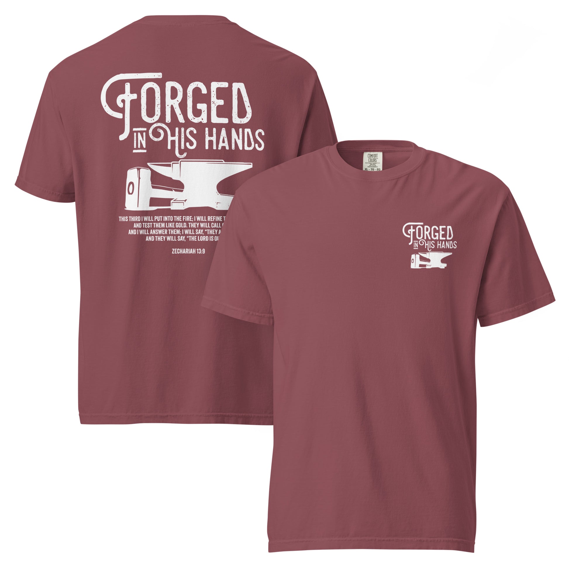 Forged in His Hands Jesus shirt brick front and back view — Entrusted to Him