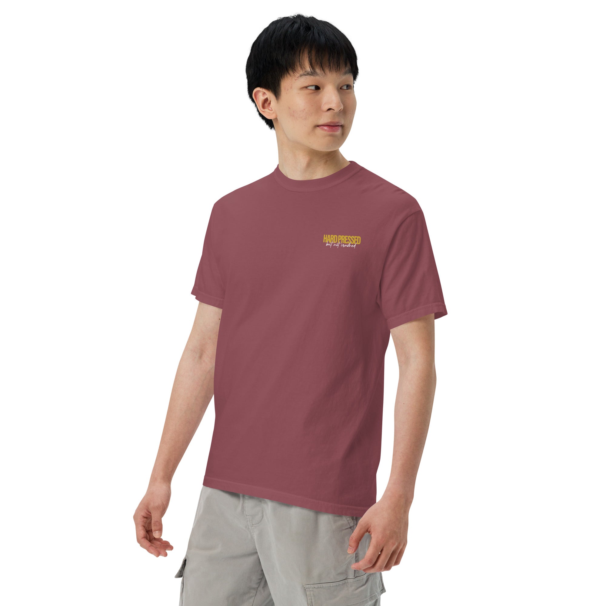 Image of Hard Pressed Christian t-shirt brick left front alternate view — Entrusted to Him