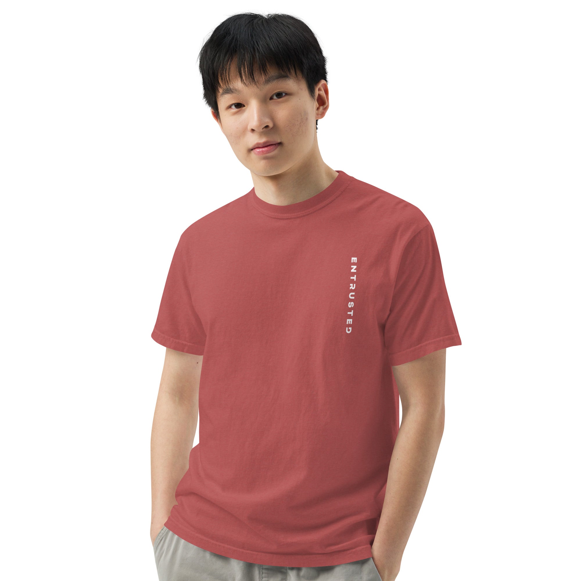 Image of Entrusted Jesus t-shirt crimson front alternate view — Entrusted to Him