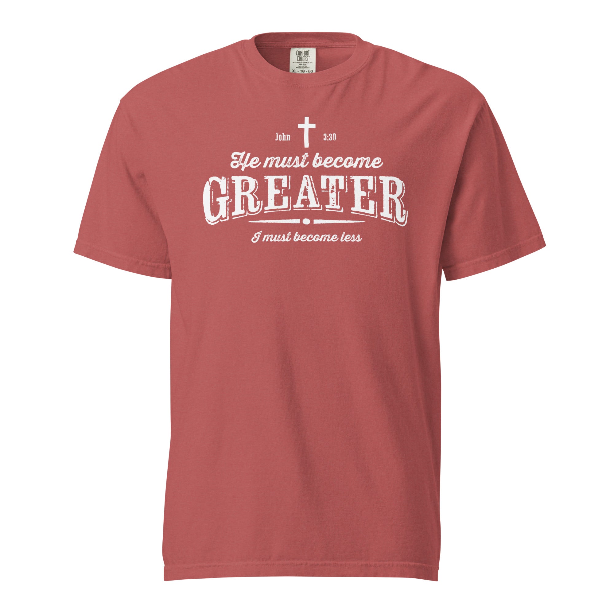 Image of He Must Become Greater Christian t-shirt crimson front view — Entrusted to Him