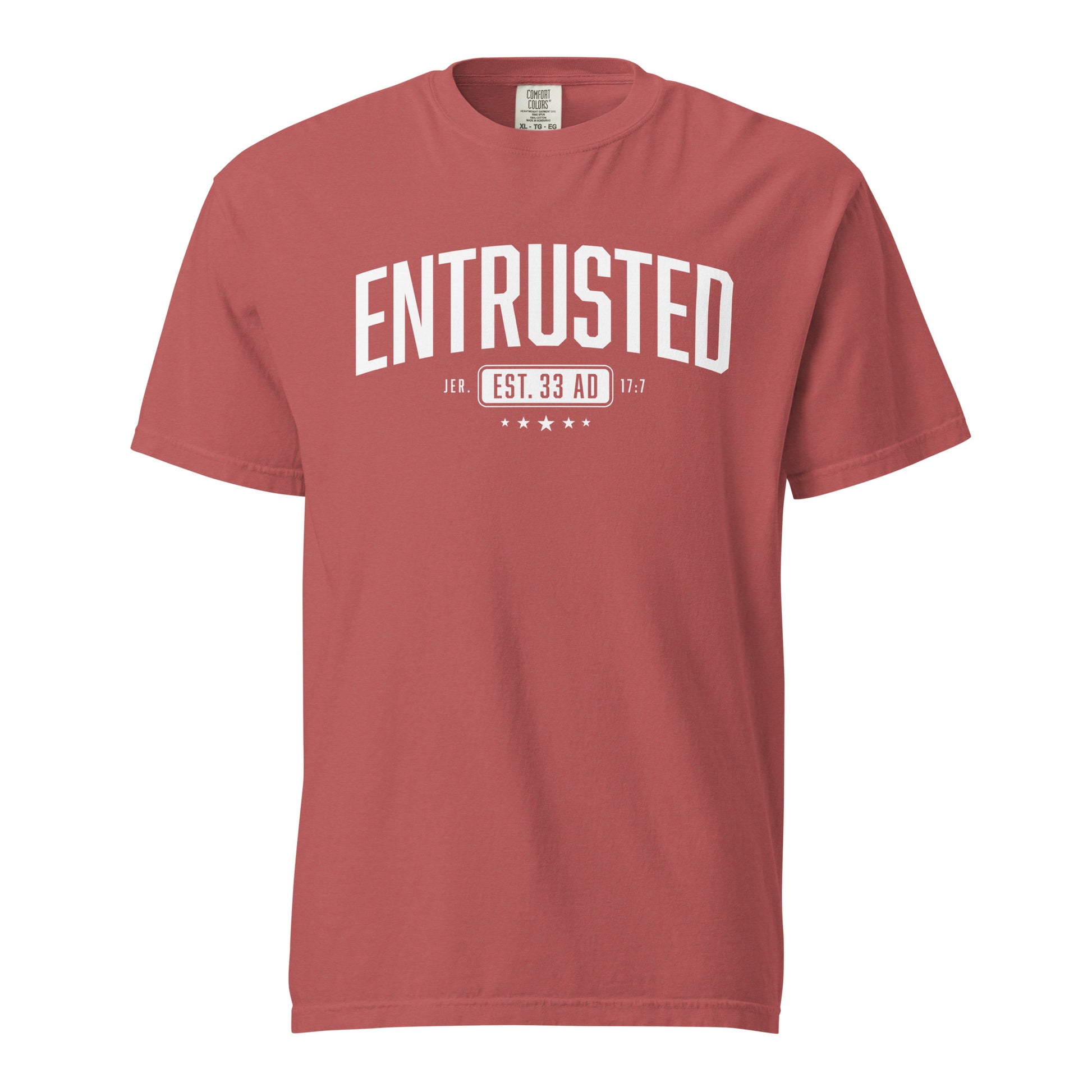 Entrusted Est. 33AD Jesus shirt crimson front view — Entrusted to Him