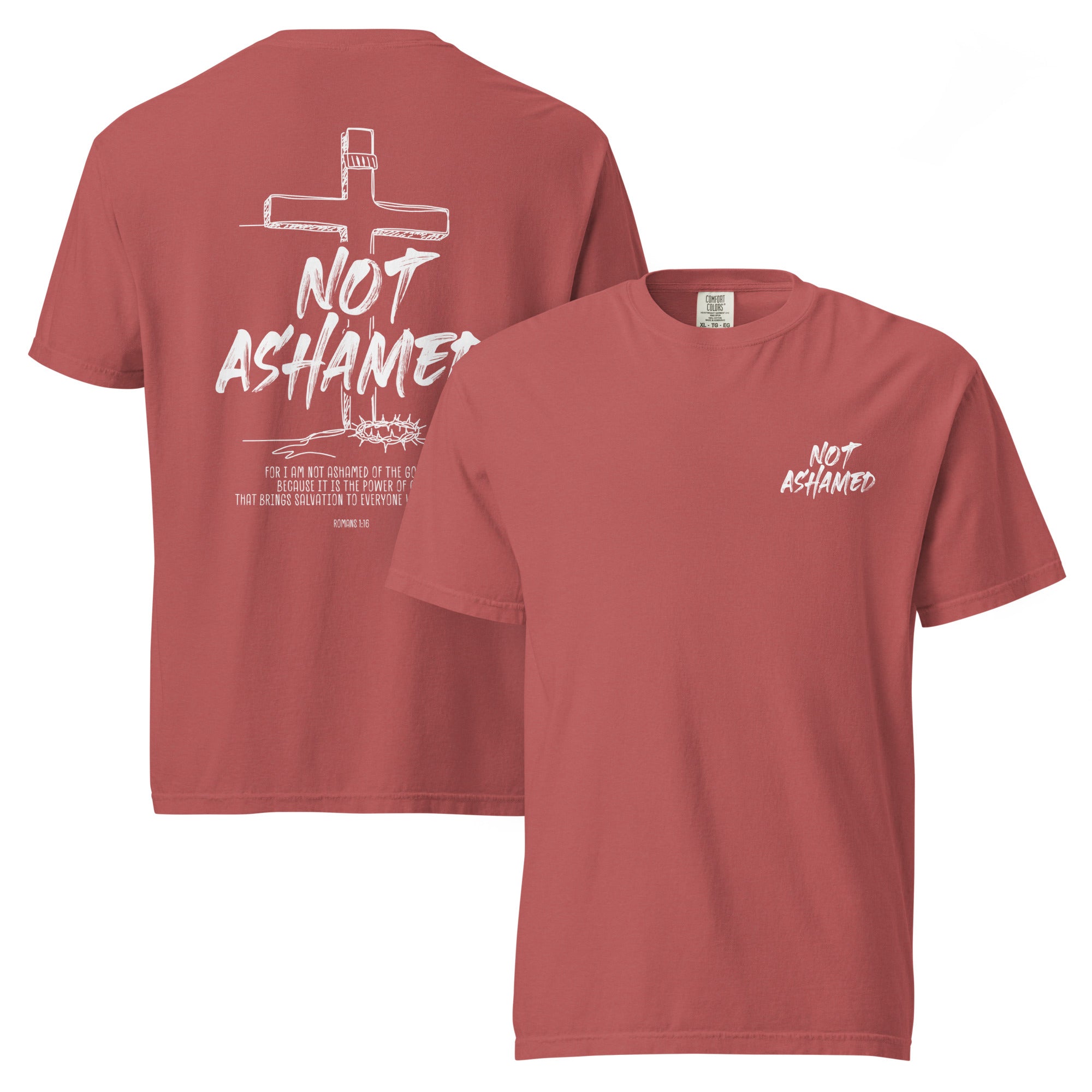 Image of Not Ashamed Christian t-shirt crimson front and back view — Entrusted to Him
