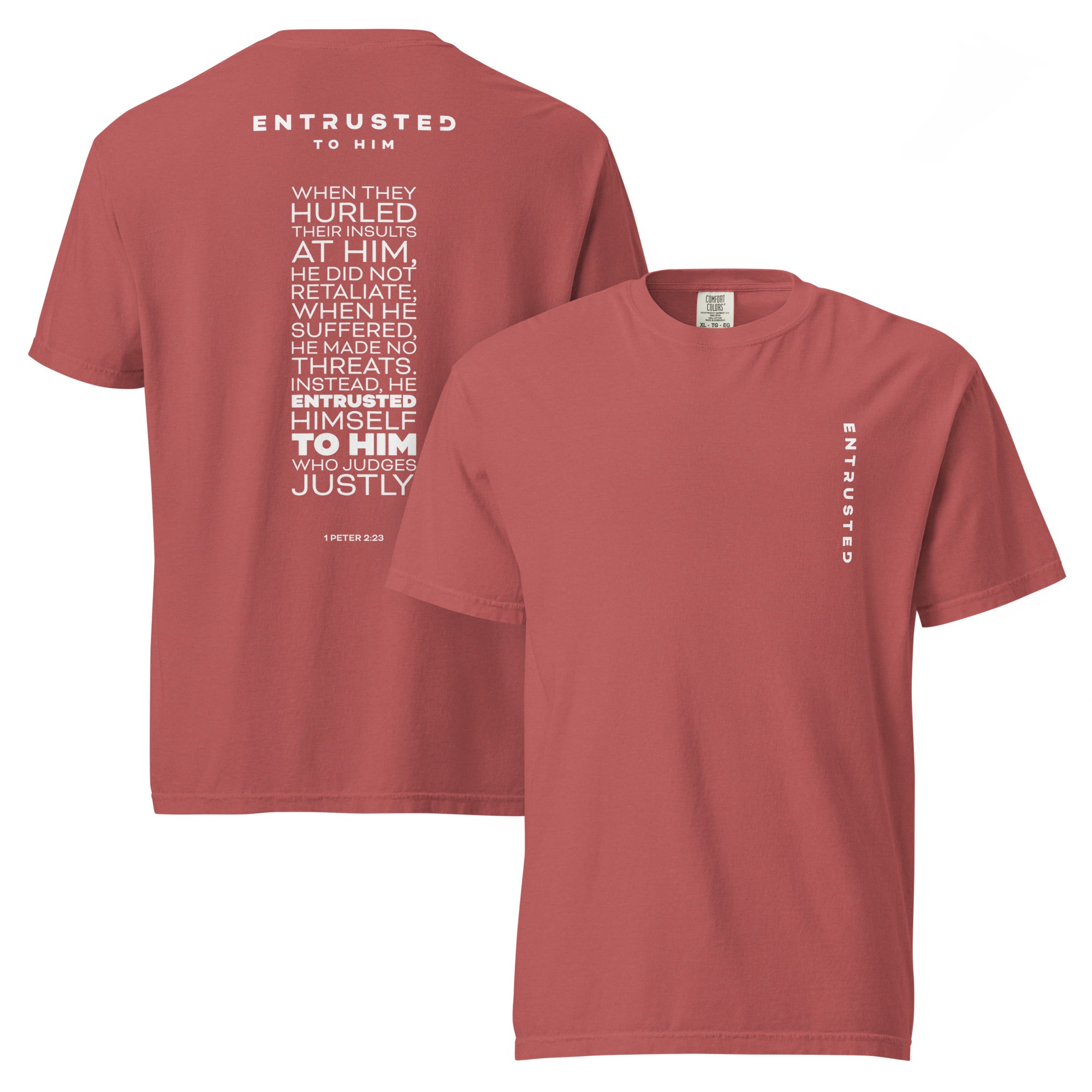 Image of Entrusted Jesus shirt crimson front and back view — Entrusted to Him