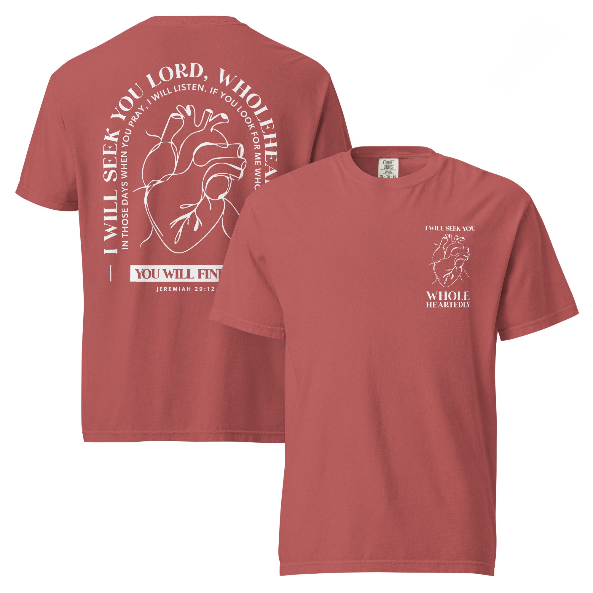 Image of Wholeheartedly scripture t-shirt crimson front and back view — Entrusted to Him