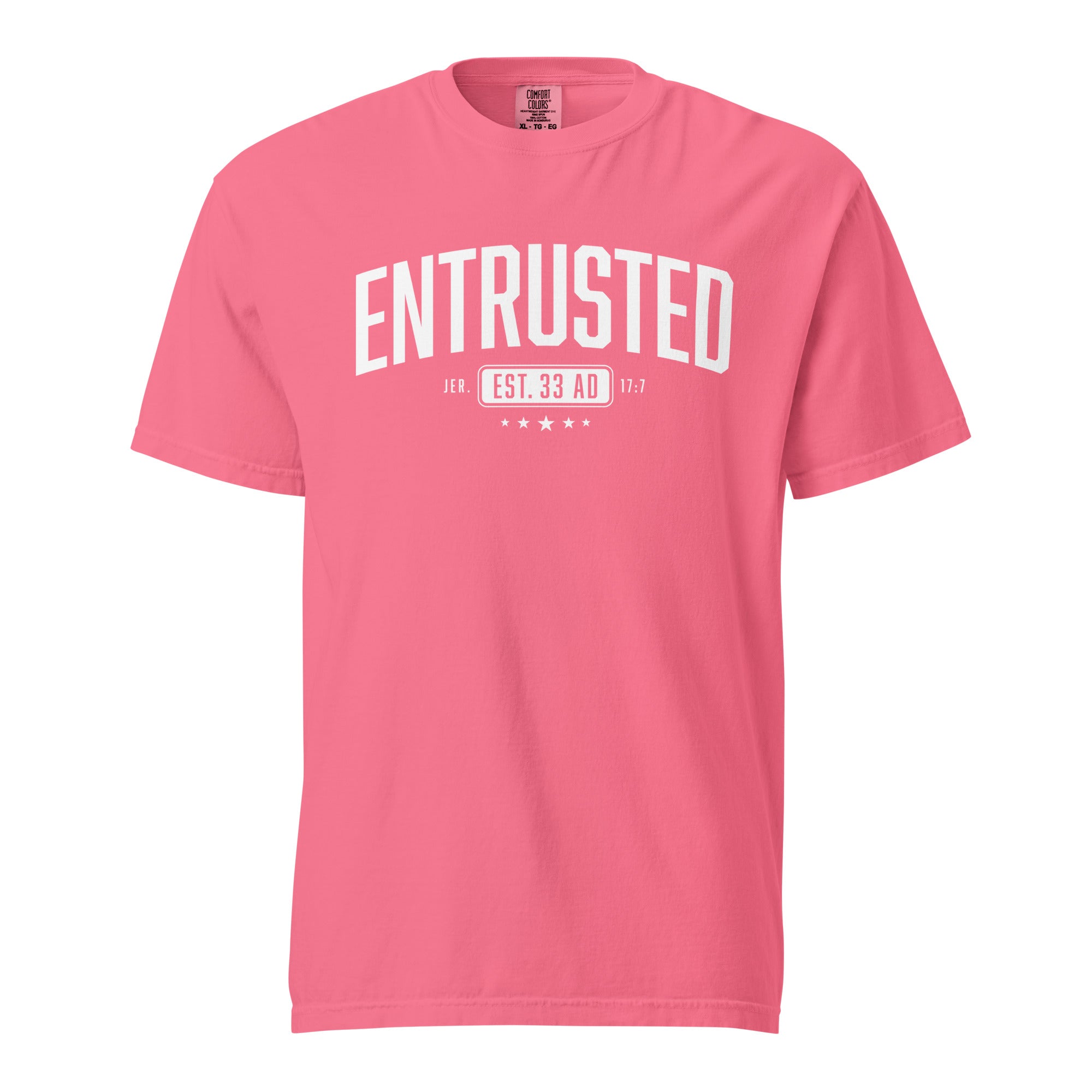 Image of Entrusted Est. 33AD Christian clothing crunchberry front view — Entrusted to Him
