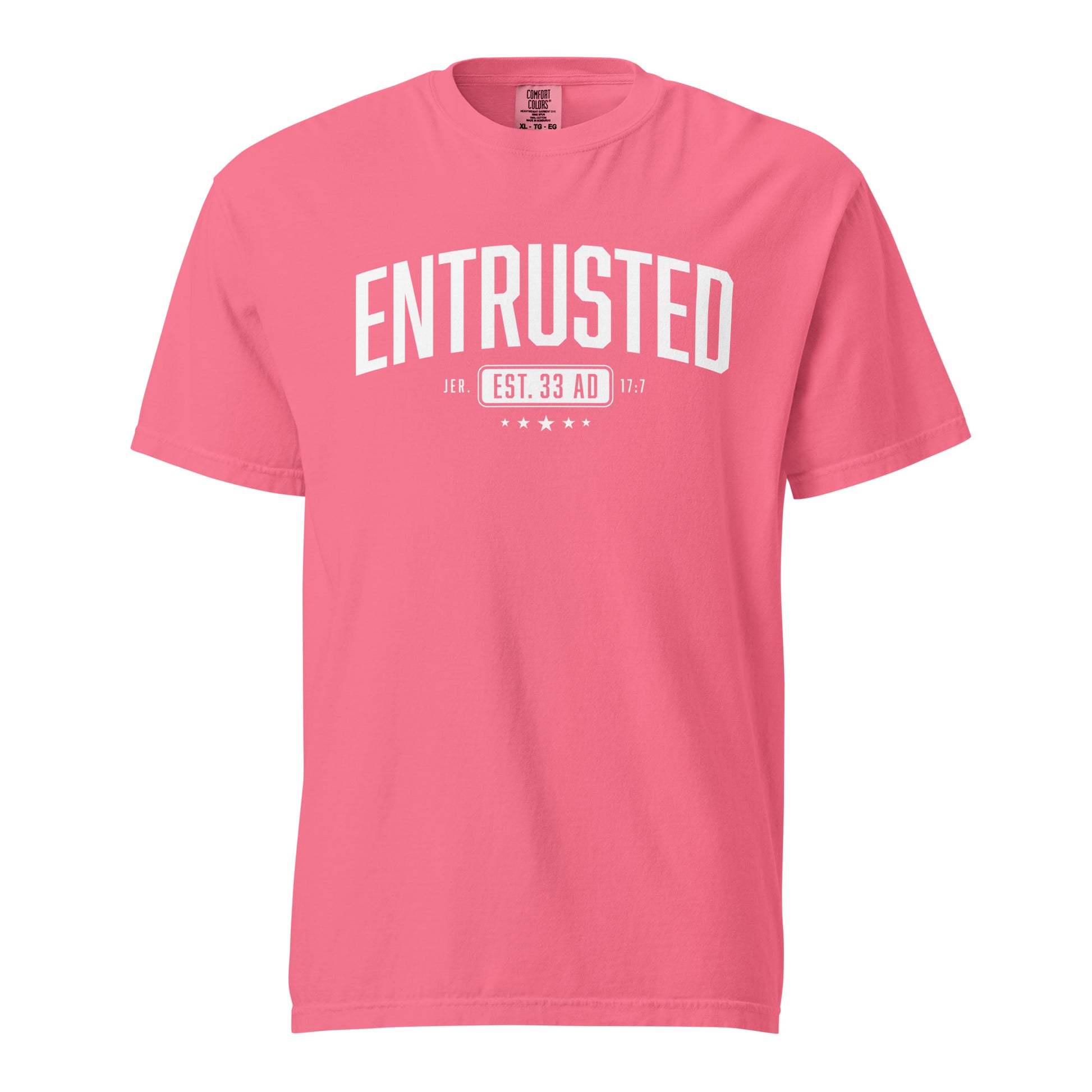 Entrusted Est. 33AD Christian clothing crunchberry front view — Entrusted to Him