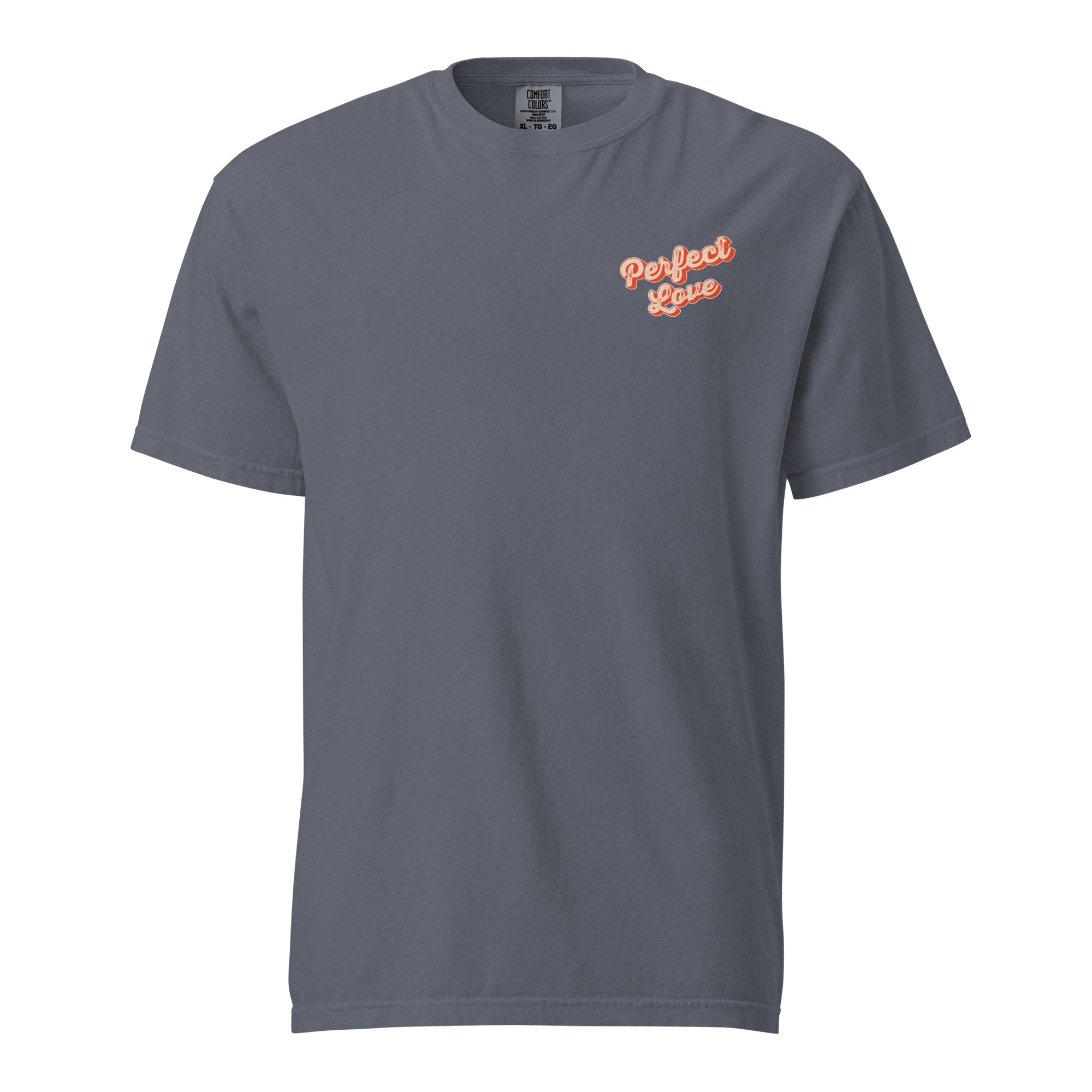 Image of Perfect Love Christian t-shirt denim front flat view — Entrusted to Him