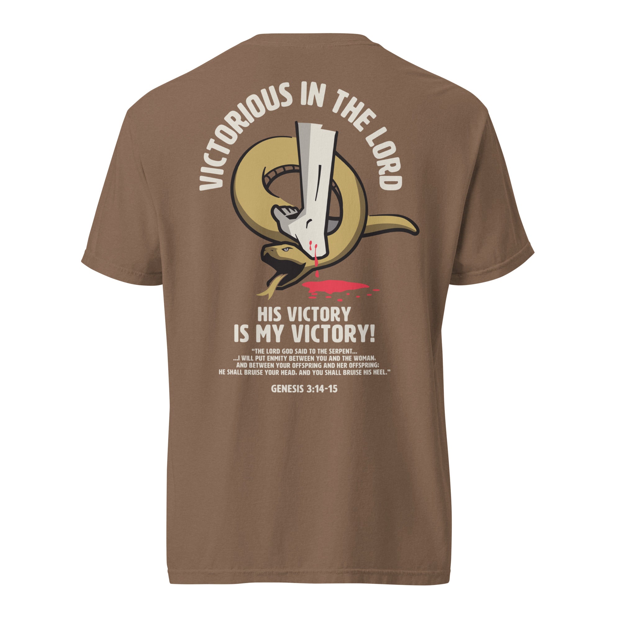 Image of Victorious christian graphic tee espresso back view — Entrusted to Him