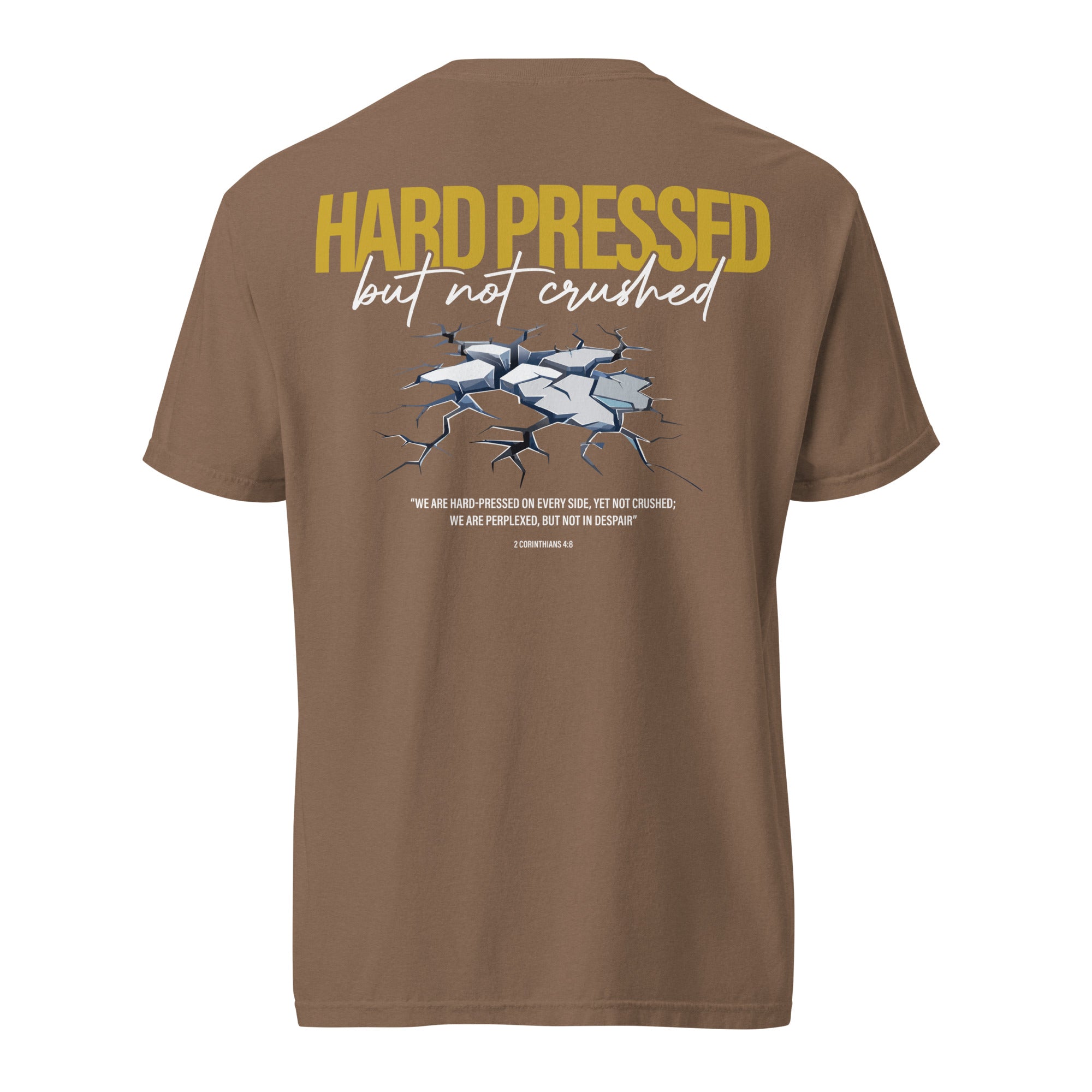 Image of Hard Pressed Christian t-shirt espresso back view — Entrusted to Him