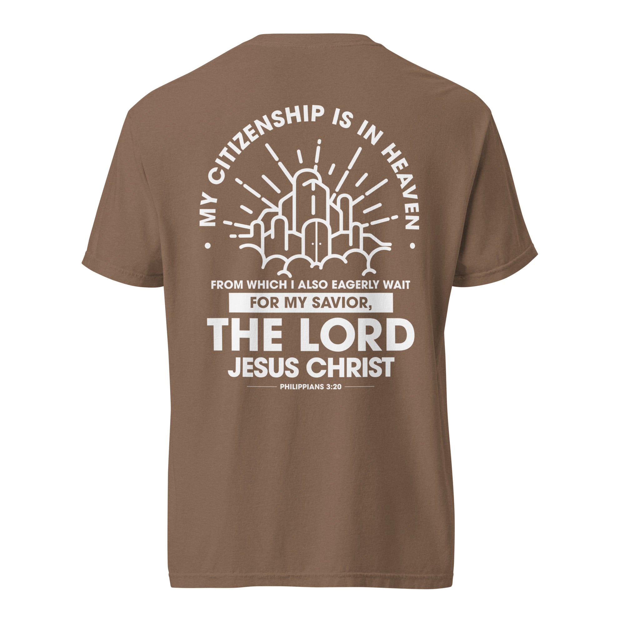 Image of Citizen of Heaven Bible verse shirt espresso back view — Entrusted to Him