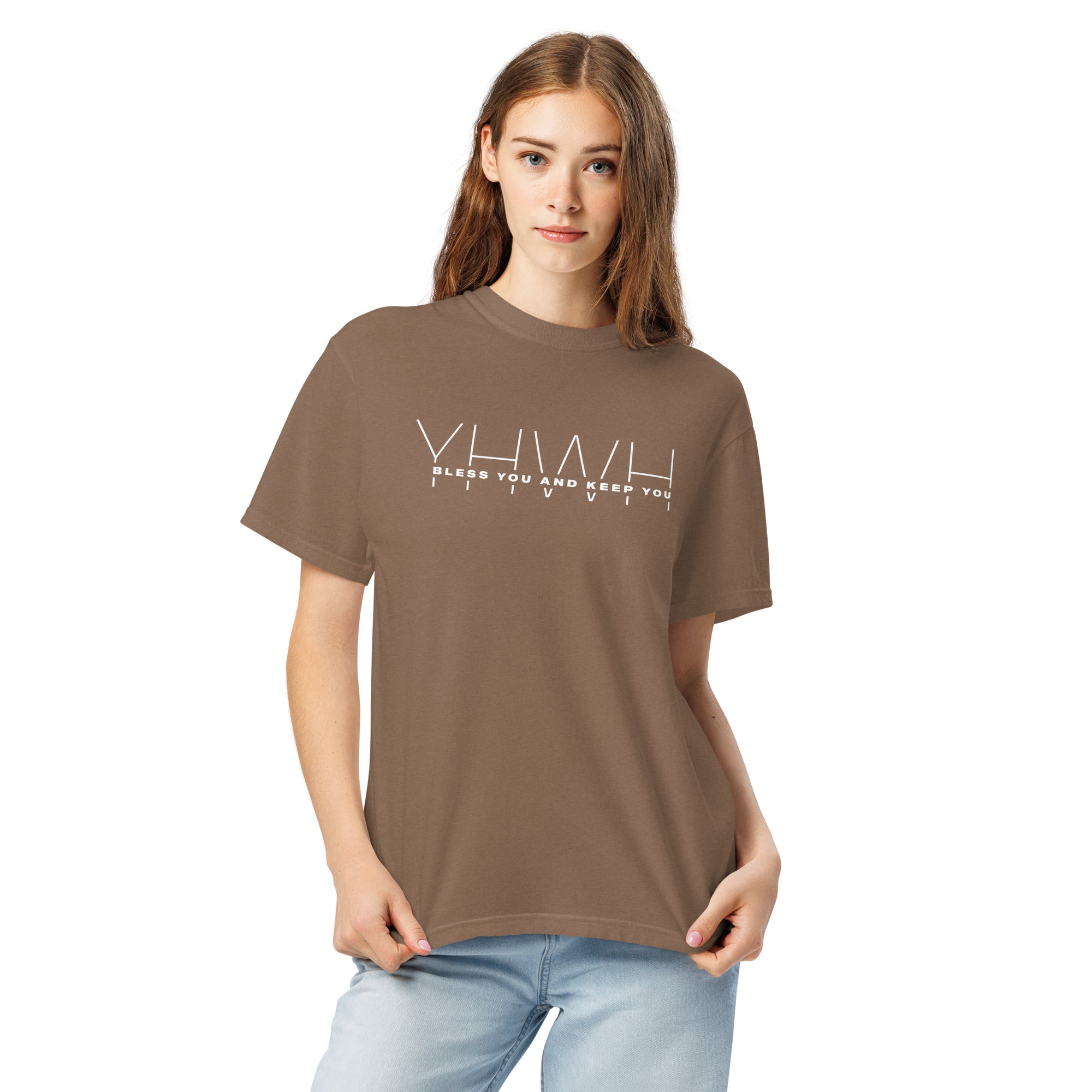 Image of YHWH Bible verse shirt Christian apparel espresso front detail view — Entrusted to Him