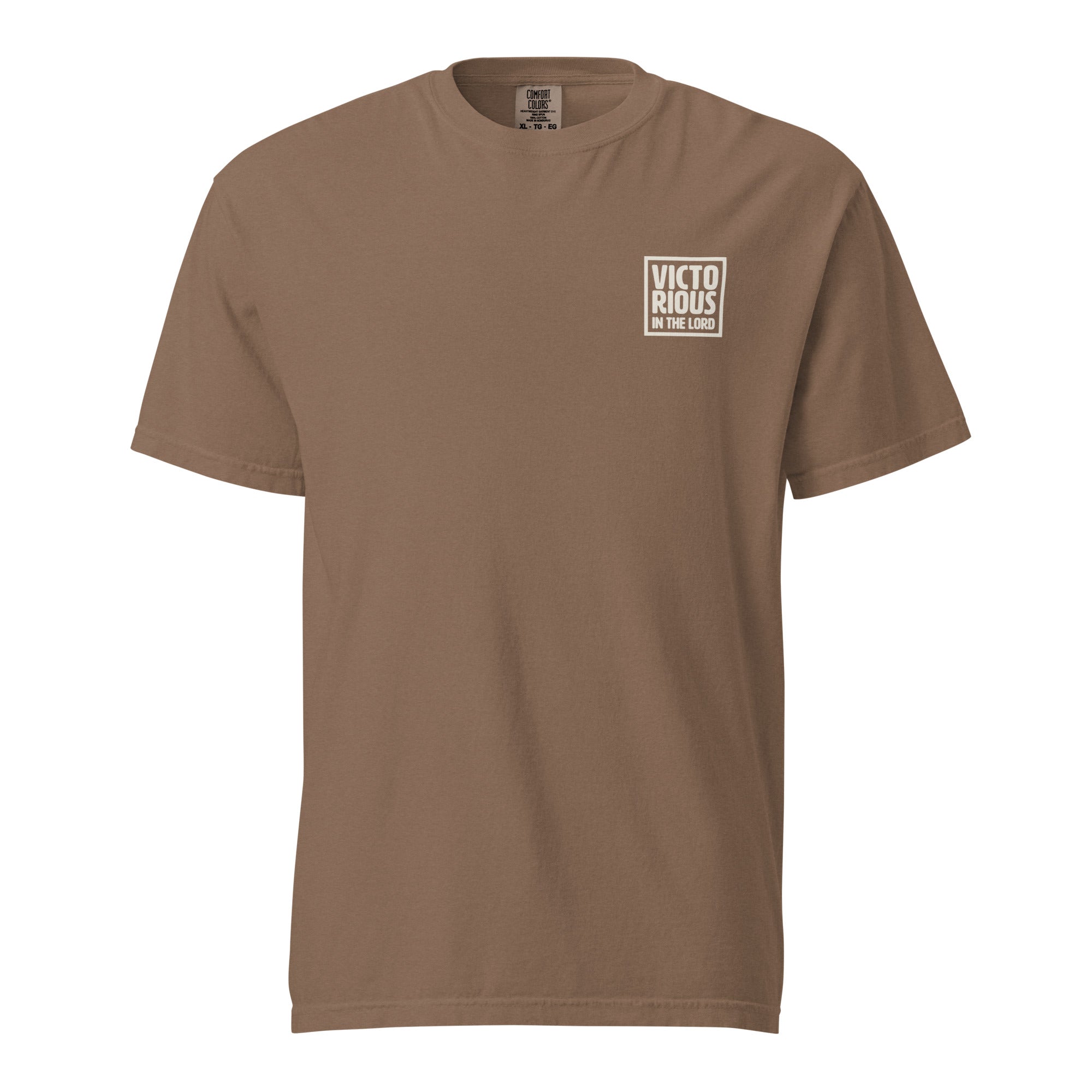 Image of Victorious christian t-shirt espresso front view — Entrusted to Him