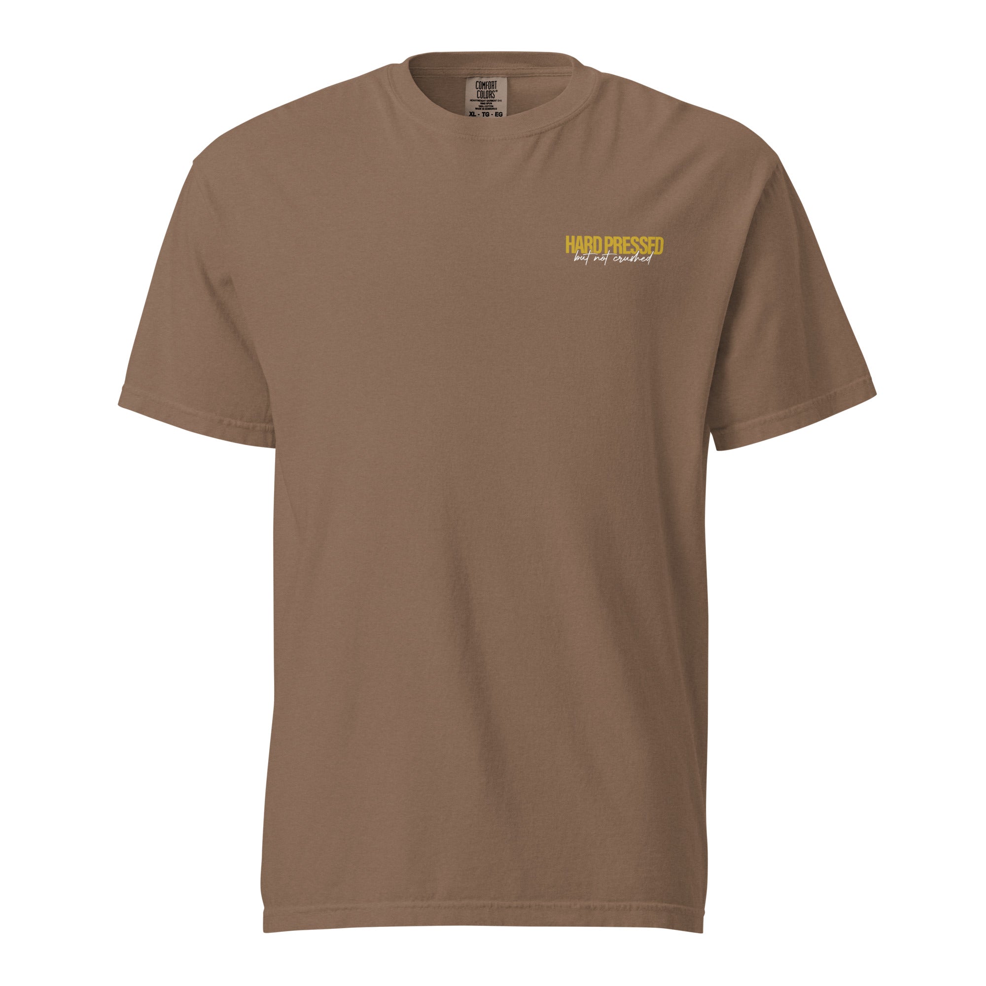 Image of Hard Pressed Jesus shirt espresso front view — Entrusted to Him