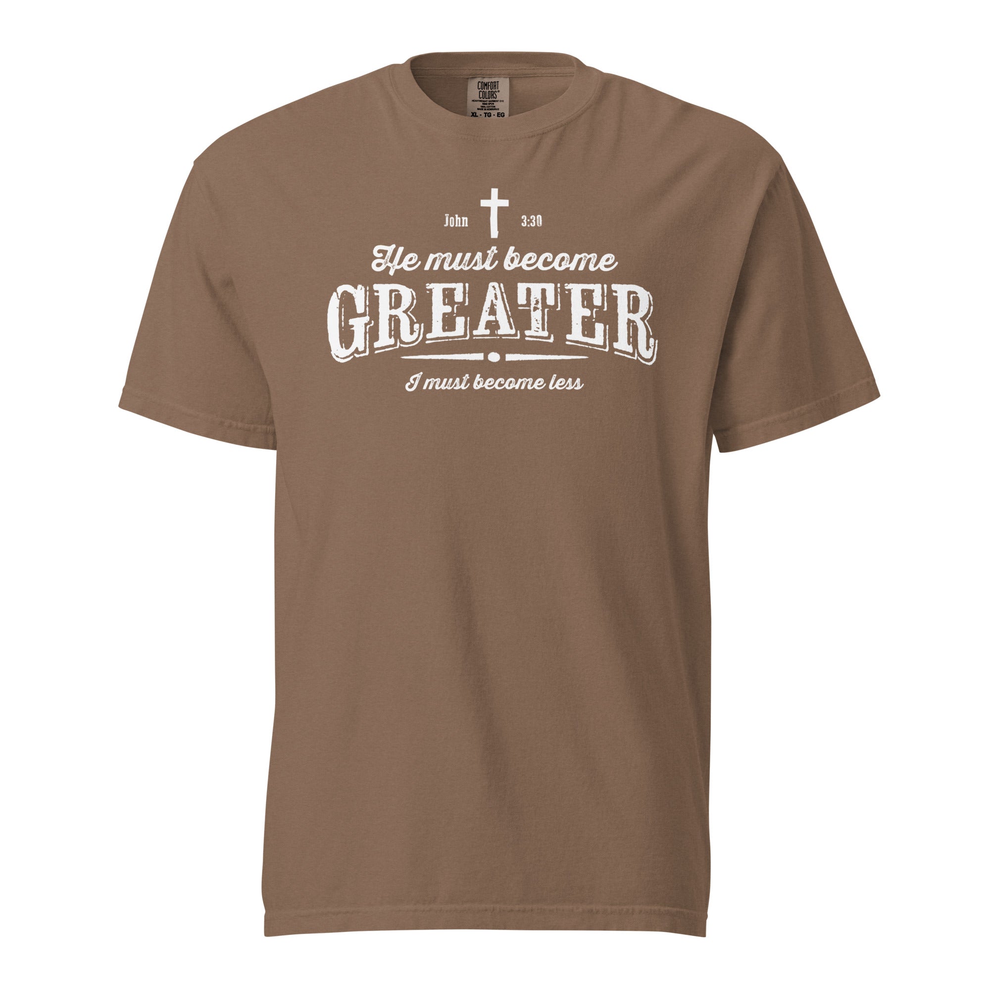 Image of He Must Become Greater Christian apparel espresso front view — Entrusted to Him