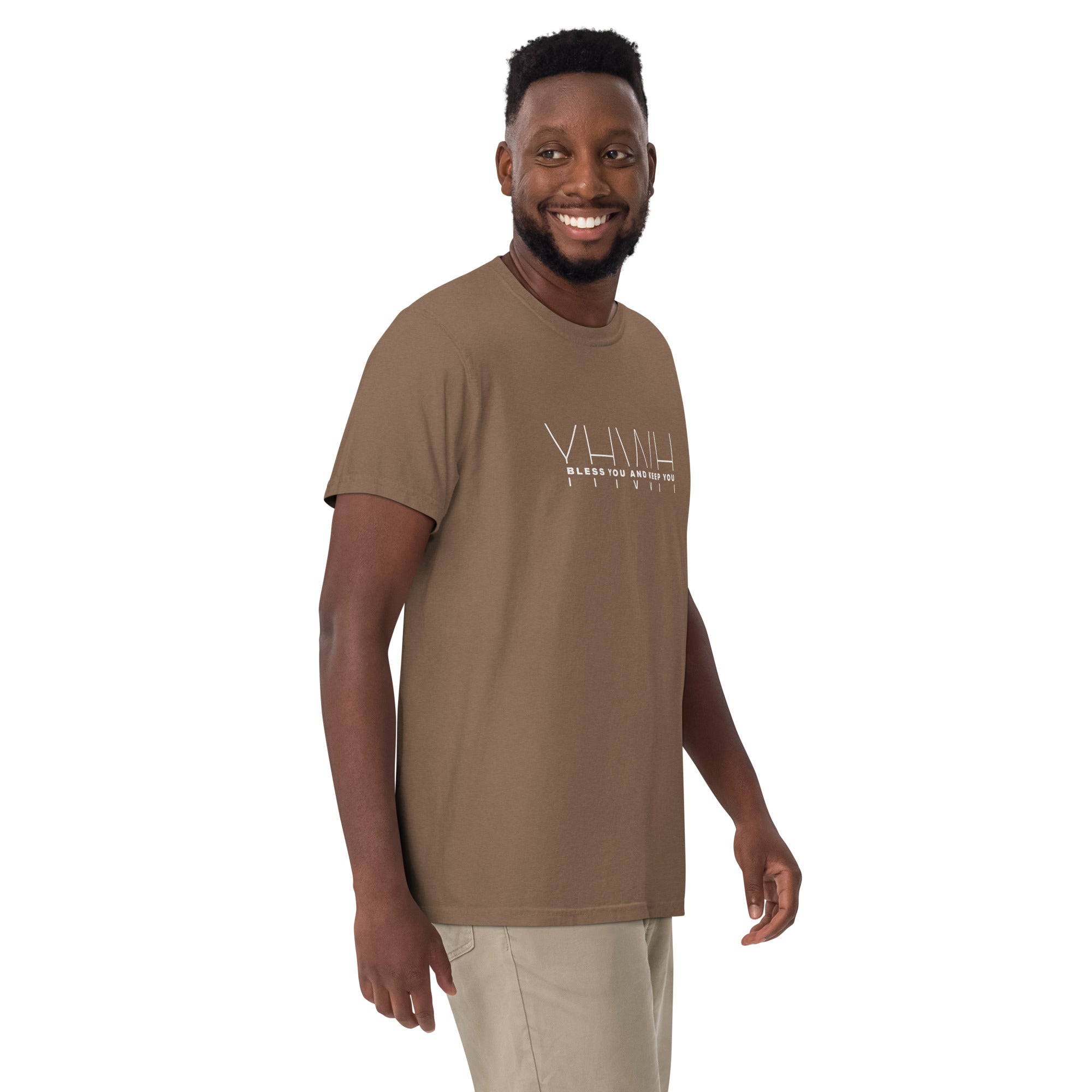 Image of YHWH Christian t-shirt espresso front lifestyle view — Entrusted to Him