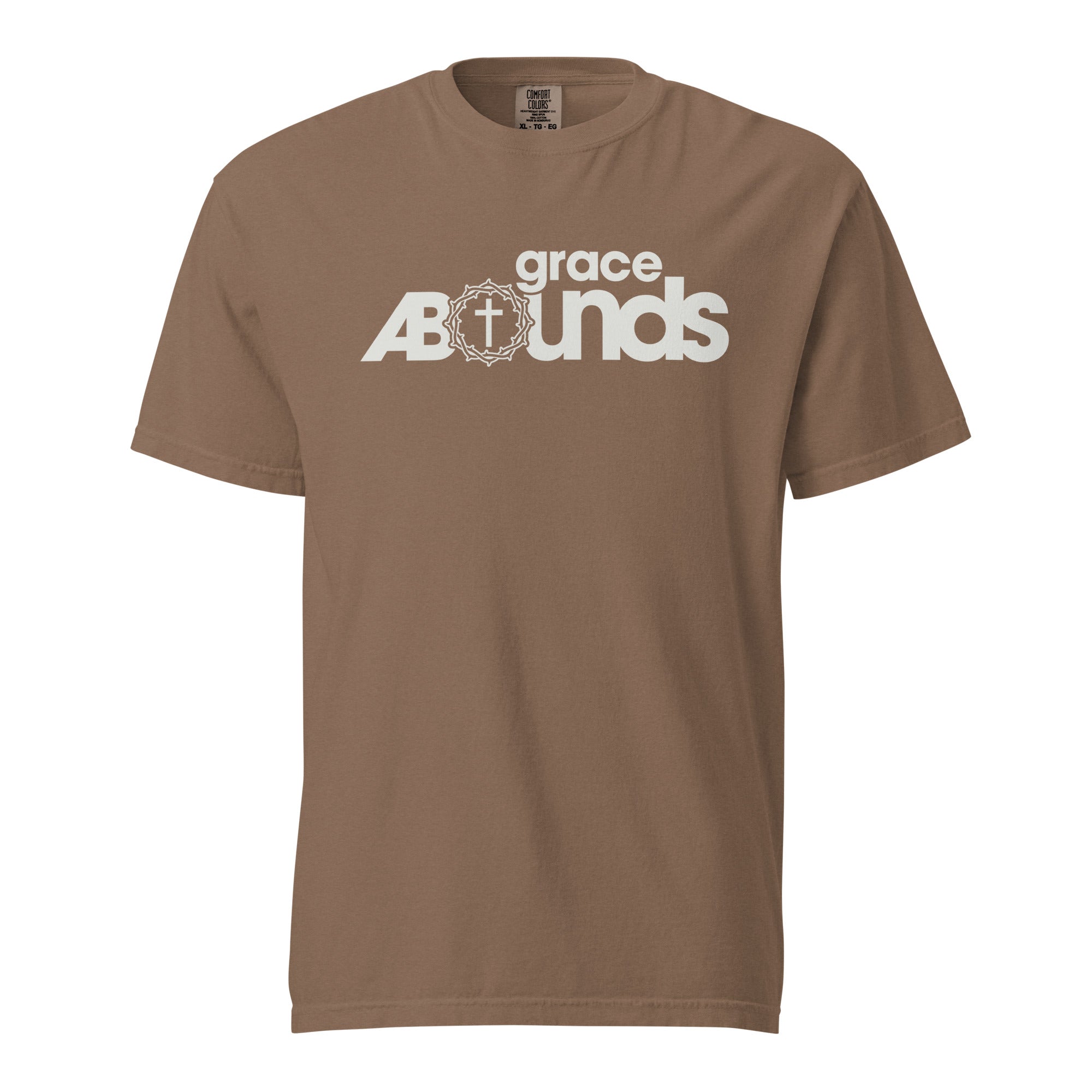 Image of Grace Abounds Christian graphic tee espresso front view — Entrusted to Him