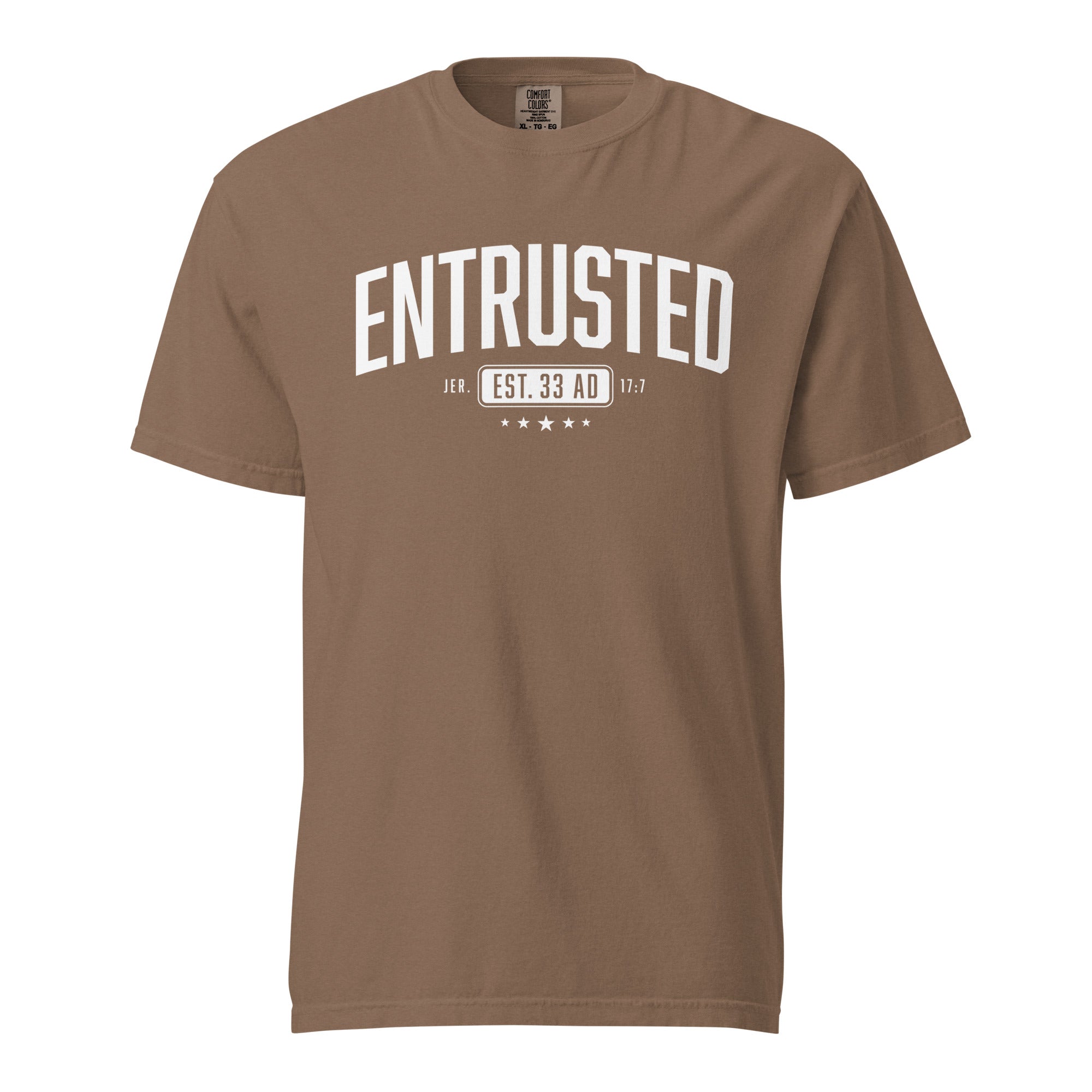 Image of Entrusted Est. 33AD Christian apparel espresso front view — Entrusted to Him