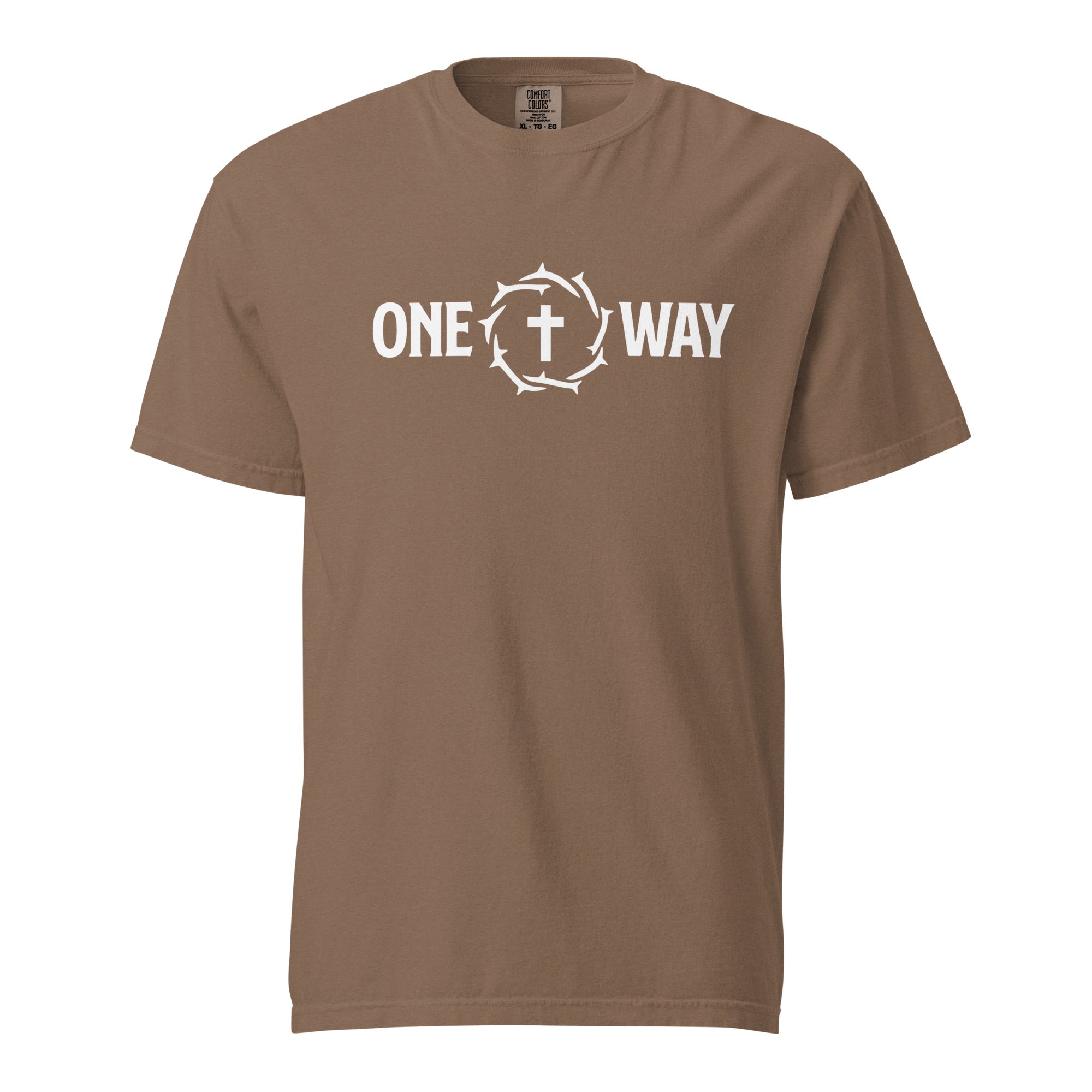 Image of One Way heavyweight t-shirt in espresso with cross and crown of thorns design, front view