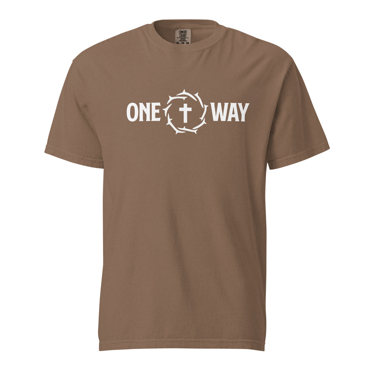 One Way heavyweight t-shirt in espresso with cross and crown of thorns design, front view